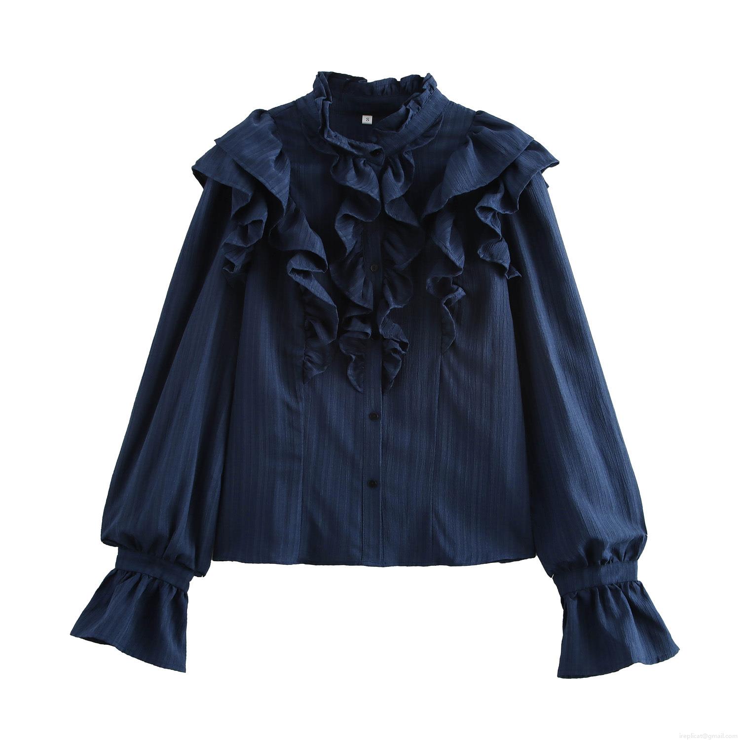 French Retro Ruffle Stand Collar Blouse Women's Elegant Solid Color Long Bubble Sleeve Polyester Shirt Top For Daily Date Party Office French Retro Ruffle Stand Collar Blouse Women's Elegant Solid Color Long Bubble Sleeve Polyester Shirt Top For Daily Date Party Office