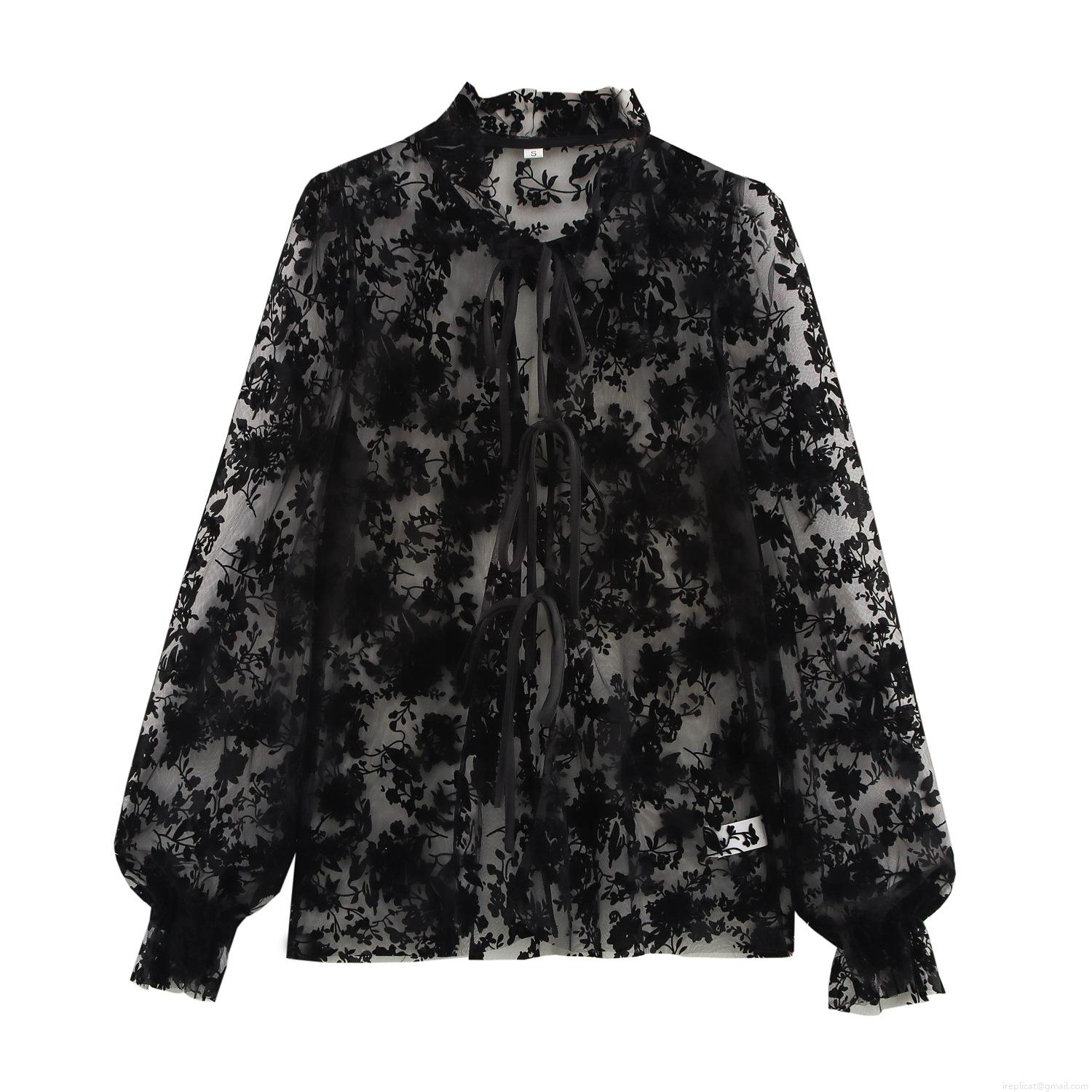 French Style Black Mesh Flocked Floral Blouse For Women Lace Collar Lantern Sleeve Lace-up See-through Elegant Autumn Party Tops French Style Black Mesh Flocked Floral Blouse For Women Lace Collar Lantern Sleeve Lace-up See-through Elegant Autumn Party Tops