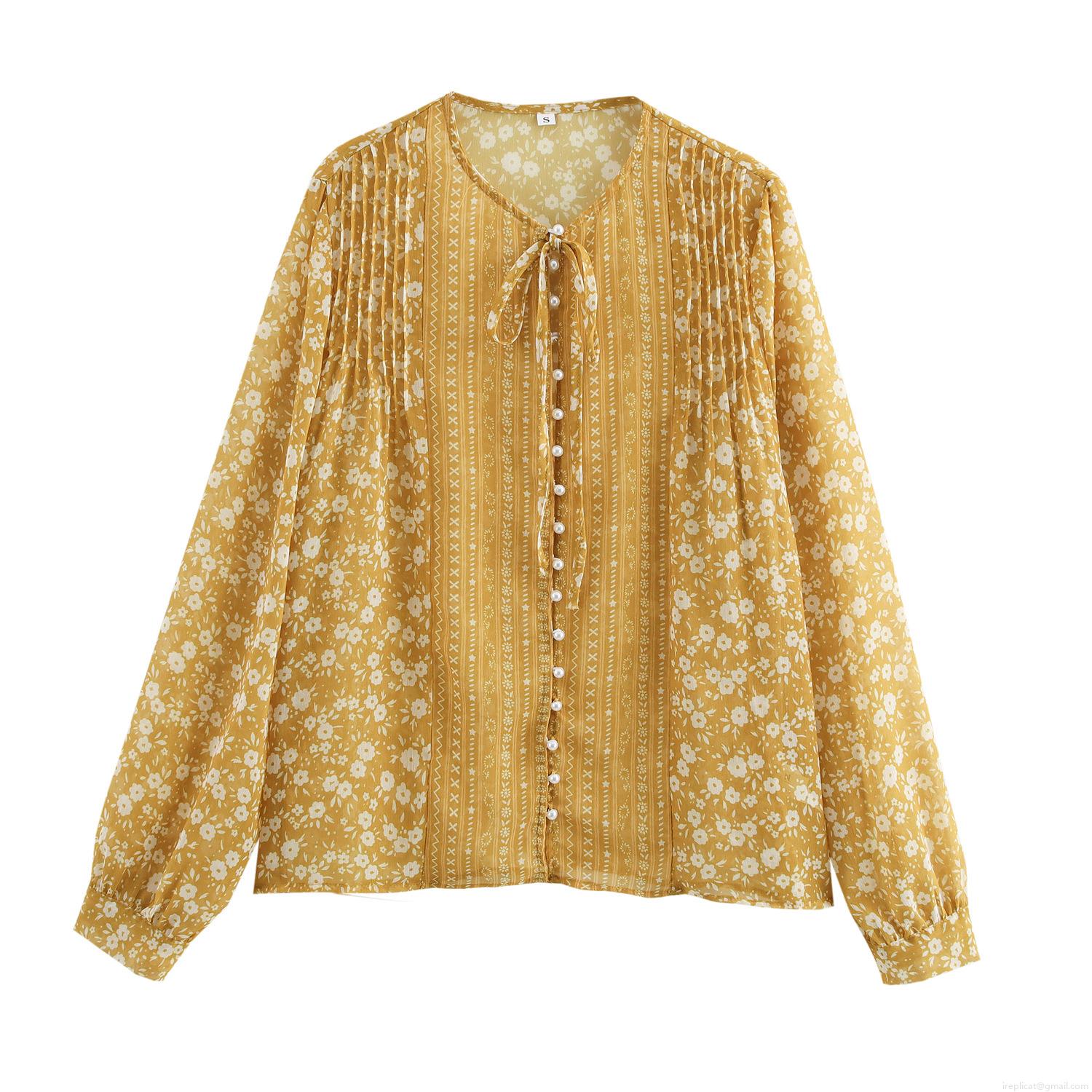 French Vintage Floral Print Chiffon Blouse Women Elegant Tie Neck Pearl Button Ruffled Shoulder Long Sleeve Loose Fit Casual Spring Top Shirt French Vintage Floral Print Chiffon Blouse Women Elegant Tie Neck Pearl Button Ruffled Shoulder Long Sleeve Loose Fit Casual Spring Top Shirt