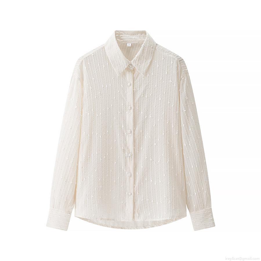 Women's Elegant Jacquard Long Sleeve Blouse Textured Striped Button Down Shirt With Sequins For Commuting Dating Ladies Casual Tops