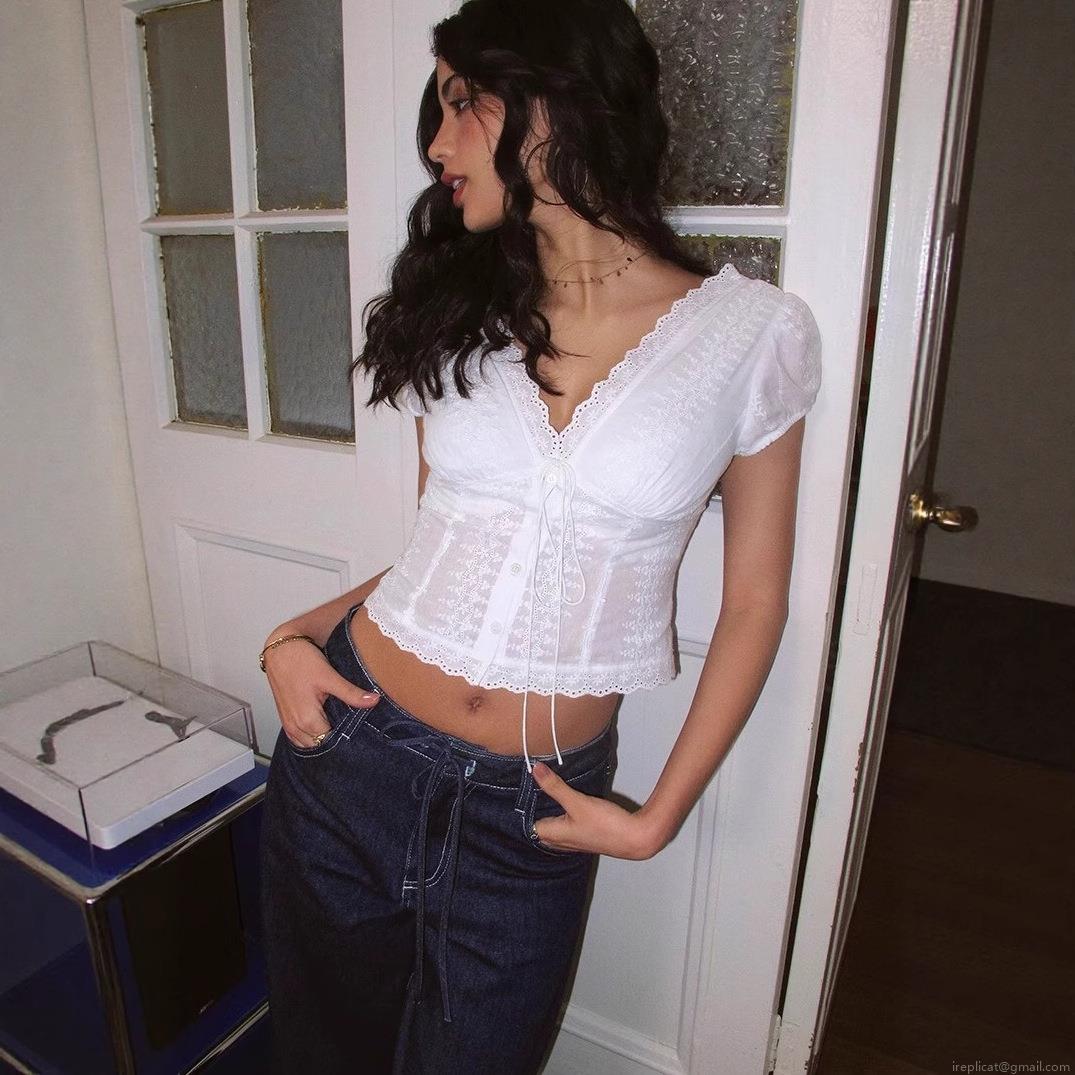 French Vintage White Lace Embroidery Crop Top V Neck Puff Sleeve Tie Up Blouse Sexy Slim Fit Summer Short Sleeve Shirts For Women Sweet Fresh Style French Vintage White Lace Embroidery Crop Top V Neck Puff Sleeve Tie Up Blouse Sexy Slim Fit Summer Short Sleeve Shirts For Women Sweet Fresh Style