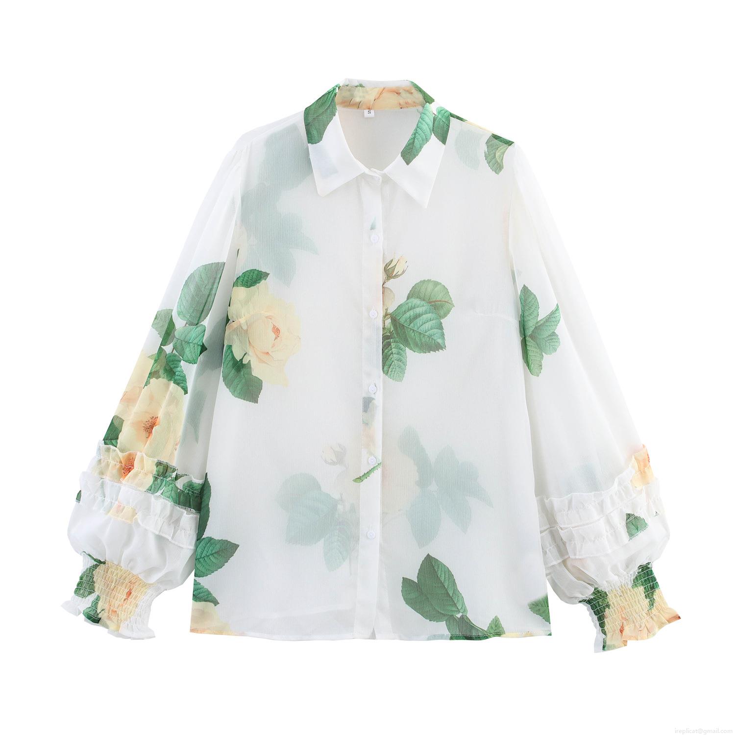 Elegant Women Floral Print Lantern Sleeve Blouse Chiffon Turndown Collar Single Breasted Shirt with Smocking Cuffs Wood Ear Trim Office Work Top Elegant Women Floral Print Lantern Sleeve Blouse Chiffon Turndown Collar Single Breasted Shirt with Smocking Cuffs Wood Ear Trim Office Work Top