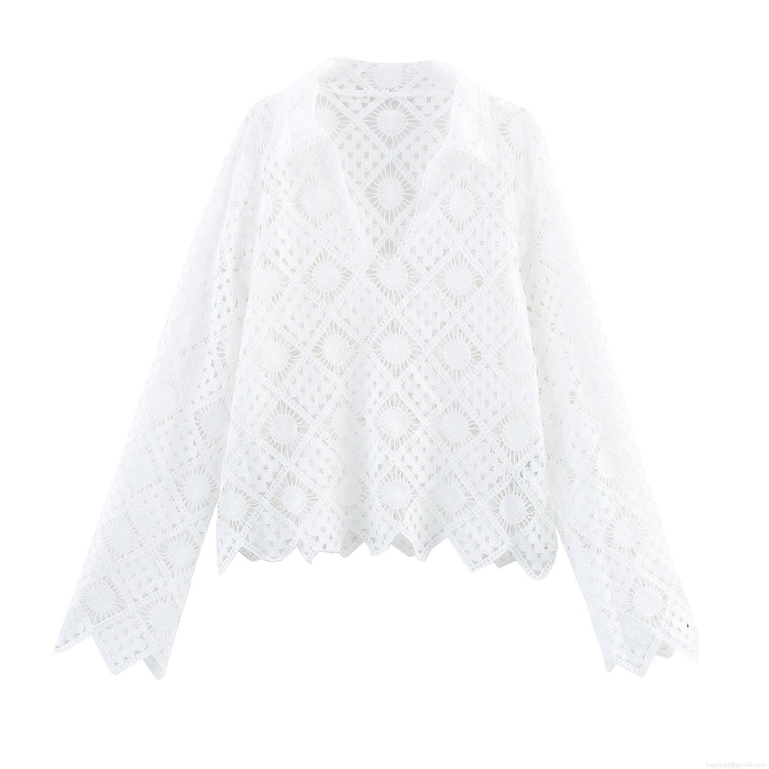 Elegant Hollow Out Lace Polo Collar Blouse Women's Long Sleeve Crochet Geometric Pattern Boho Top For Summer Vacation White Lightweight Shirt Elegant Hollow Out Lace Polo Collar Blouse Women's Long Sleeve Crochet Geometric Pattern Boho Top For Summer Vacation White Lightweight Shirt