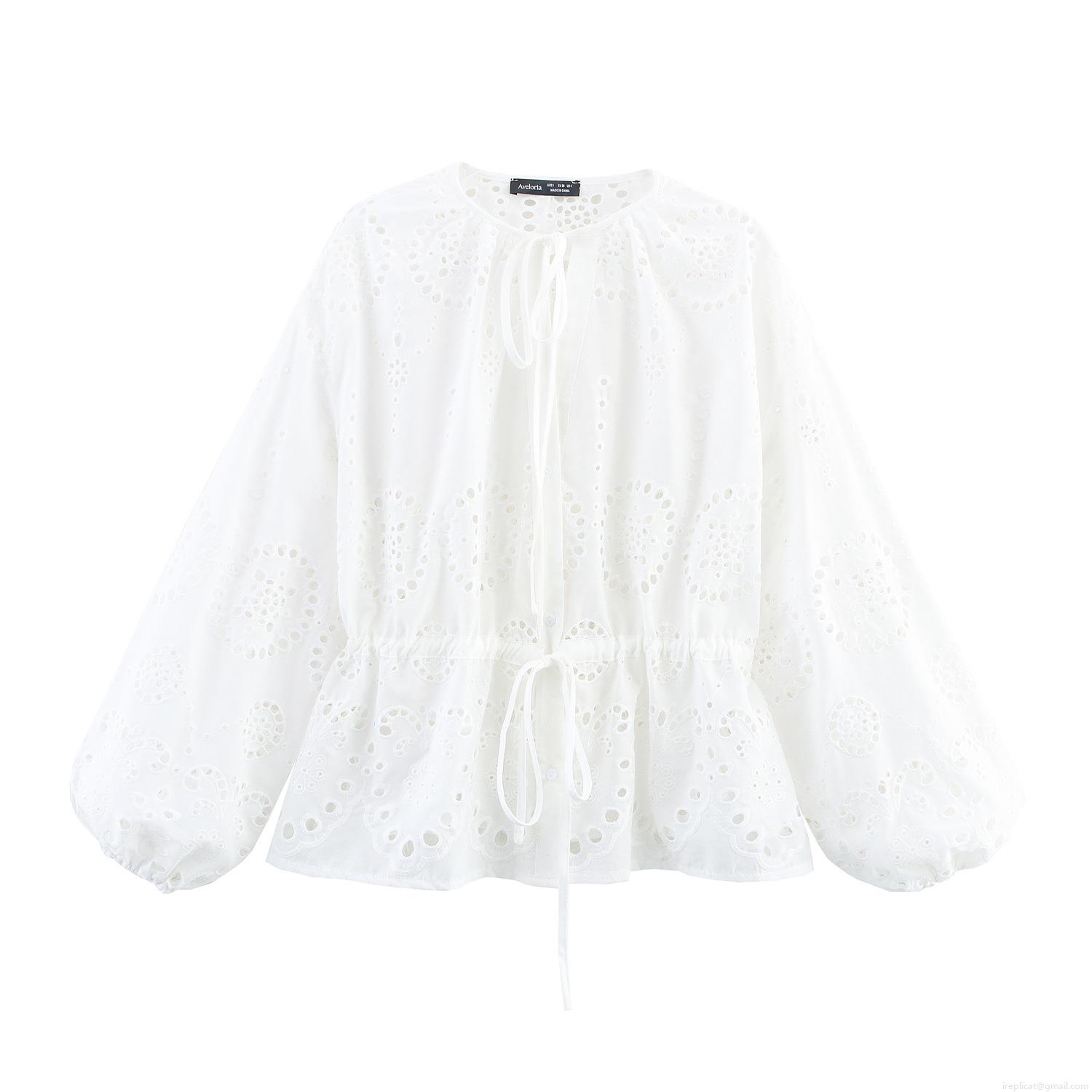 French Elegant White Hollow Embroidery Blouse For Women Vintage Lantern Sleeve Drawstring Waist Lace-up Top Casual Vacation Spring Summer Shirt French Elegant White Hollow Embroidery Blouse For Women Vintage Lantern Sleeve Drawstring Waist Lace-up Top Casual Vacation Spring Summer Shirt