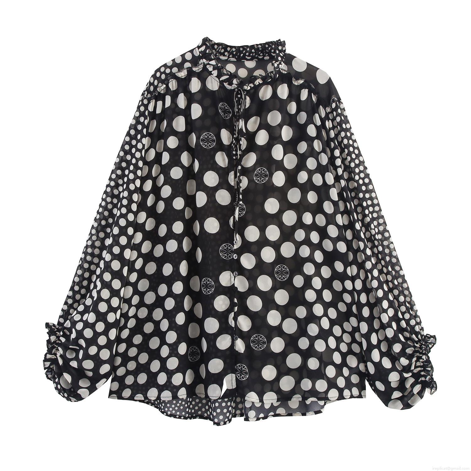 Vintage Polka Dot Chiffon Blouse Women Ruffle Stand Collar Tie Neck Lantern Sleeve Loose Casual Shirt Retro Elegant Ladies Tops Vintage Polka Dot Chiffon Blouse Women Ruffle Stand Collar Tie Neck Lantern Sleeve Loose Casual Shirt Retro Elegant Ladies Tops