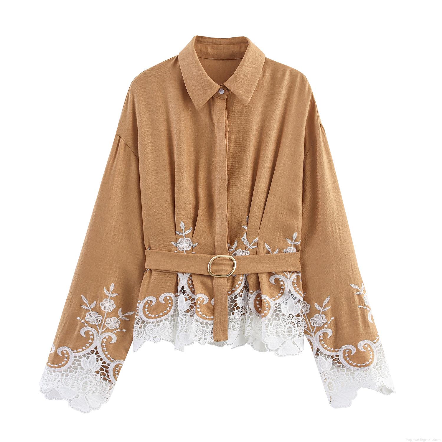 Elegant Lace Patchwork Women Long Sleeve Shirt With Belt Lapel Button Down Puff Sleeve Blouse For Women Commute Office Fashion Solid Color Polyester Top Elegant Lace Patchwork Women Long Sleeve Shirt With Belt Lapel Button Down Puff Sleeve Blouse For Women Commute Office Fashion Solid Color Polyester Top