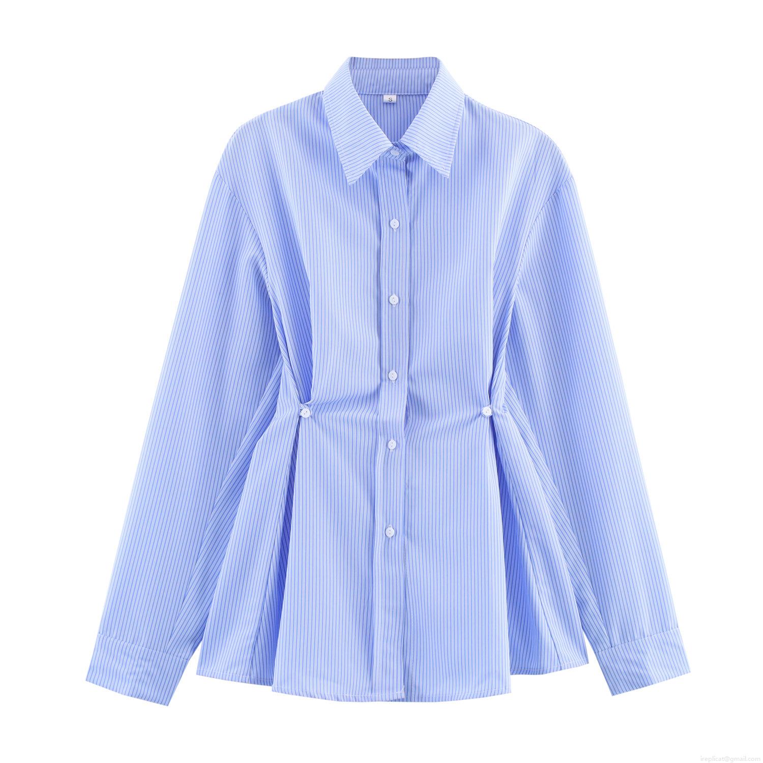 Elegant Striped Long Sleeve Button Down Blouse for Women Waist Cinched Commuter Shirt with Lapel Collar Polyester Work Tops Elegant Striped Long Sleeve Button Down Blouse for Women Waist Cinched Commuter Shirt with Lapel Collar Polyester Work Tops