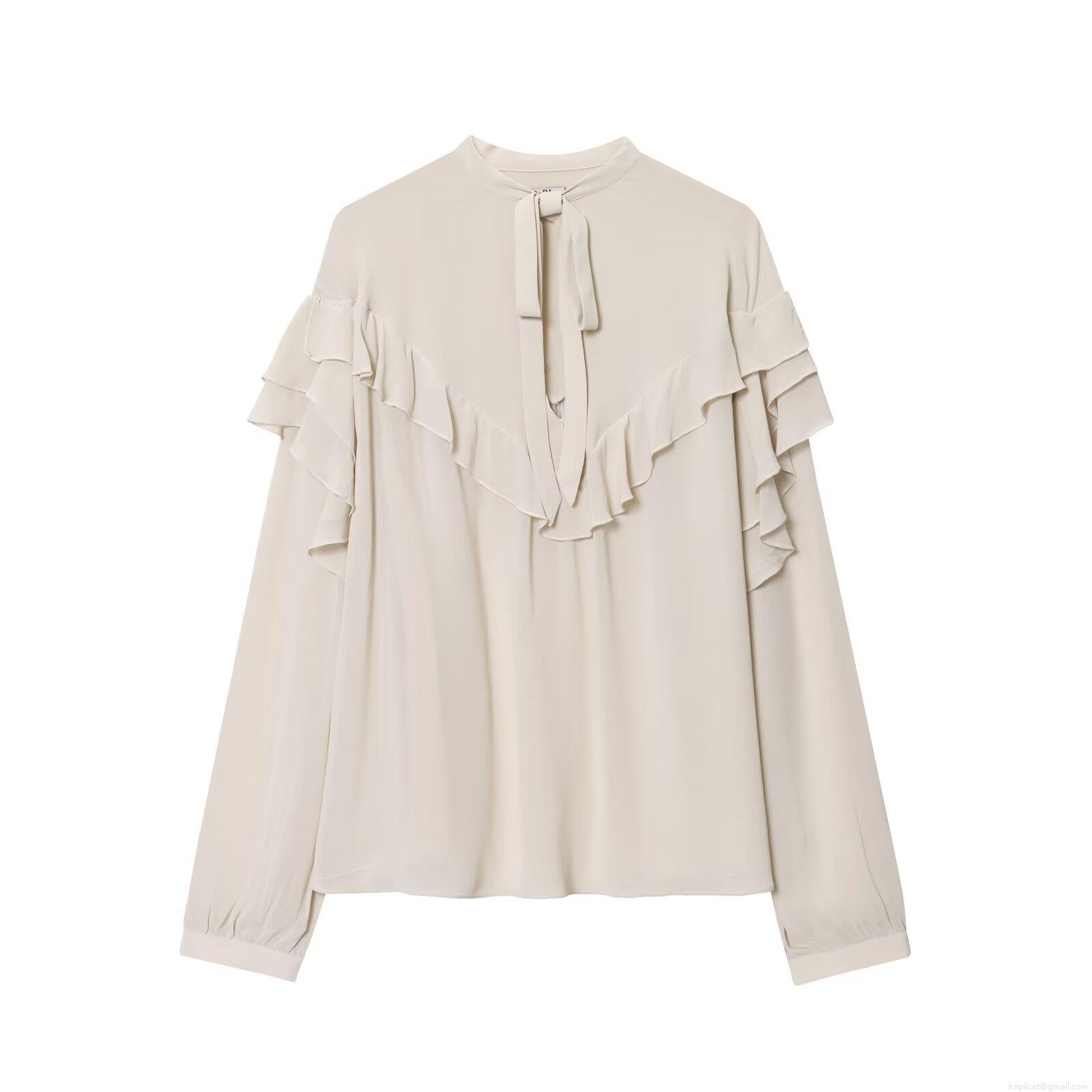 French Vintage Chiffon Blouse Women's Elegant Ruffle Trim Bow Tie V-Neck Long Sleeve Shirt Solid Color Loose Fit Tops For Daily Office Party French Vintage Chiffon Blouse Women's Elegant Ruffle Trim Bow Tie V-Neck Long Sleeve Shirt Solid Color Loose Fit Tops For Daily Office Party