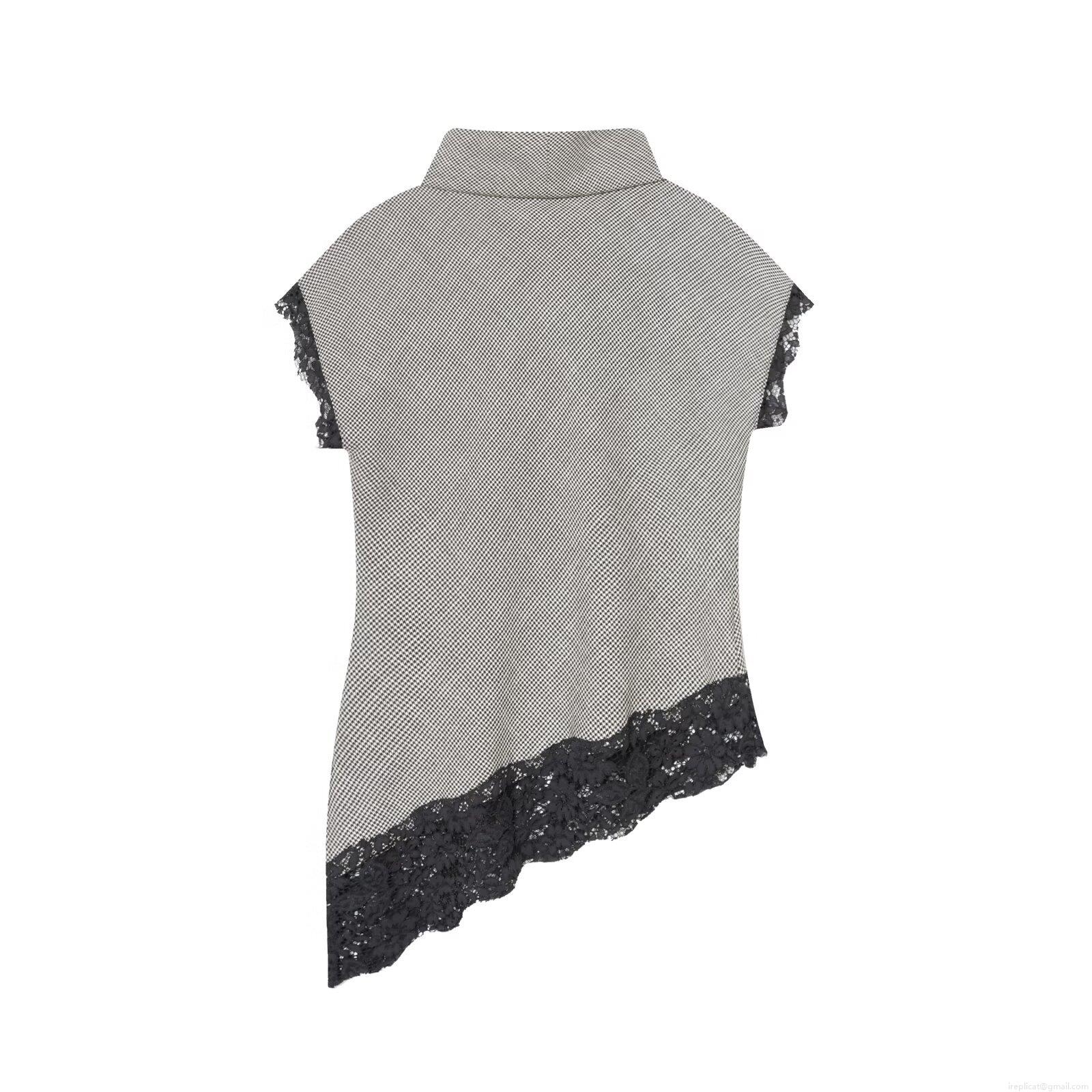 Elegant Houndstooth Lace Splicing Blouse Women Sexy High Neck Asymmetrical Hem Short Sleeve Top Casual Urban Style Pullover Elegant Houndstooth Lace Splicing Blouse Women Sexy High Neck Asymmetrical Hem Short Sleeve Top Casual Urban Style Pullover