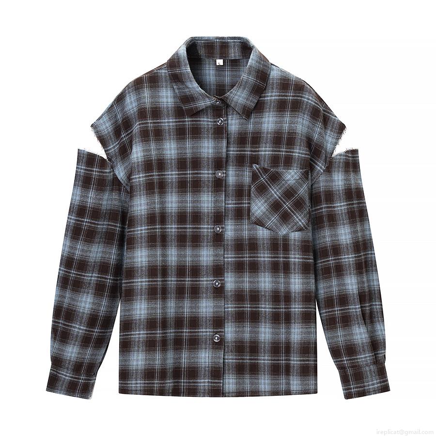 Women's Sexy Cold Shoulder Plaid Blouse Long Sleeve Button Up Shirt Casual Loose Fit Streetwear Polyester Top Brown Blue Check