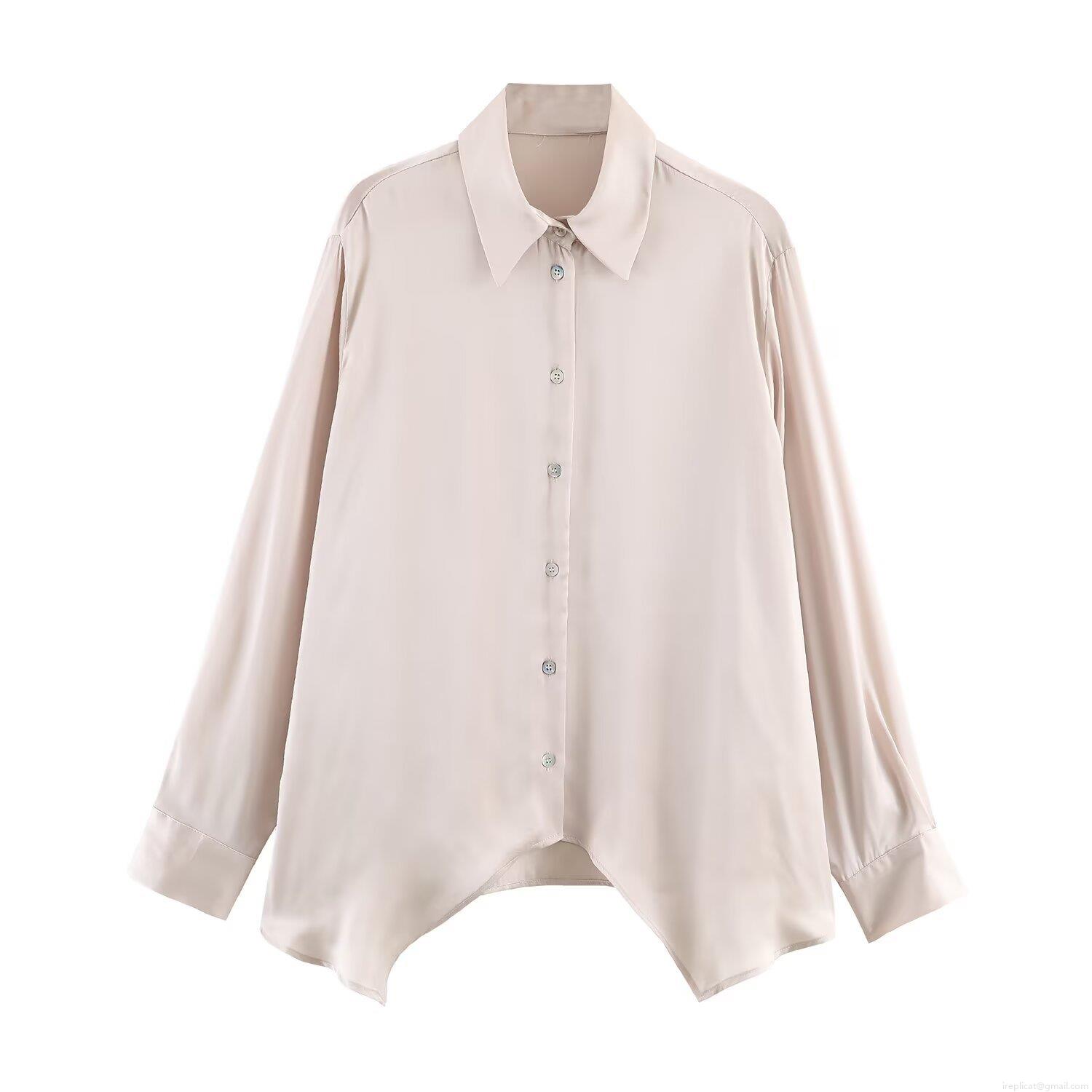 Elegant Champagne Satin Shirt Women Long Sleeve Polo Collar Single Breasted Asymmetric Hem Blouse Streetwear Casual Solid Silk Like Polyester Top Elegant Champagne Satin Shirt Women Long Sleeve Polo Collar Single Breasted Asymmetric Hem Blouse Streetwear Casual Solid Silk Like Polyester Top