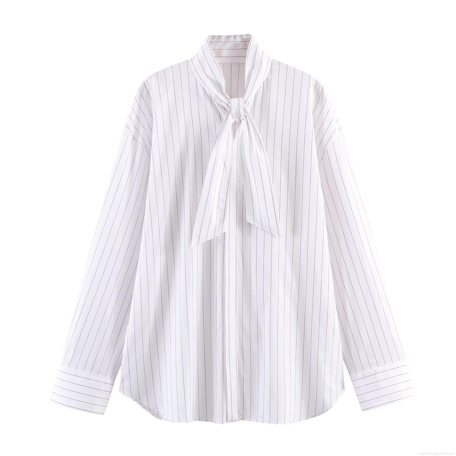 Women's European Streetwear Stripe Poplin Shirt Fashion Scarf Bow Tie Design Long Sleeve Loose Blouse Casual Polyester Tops For Summer