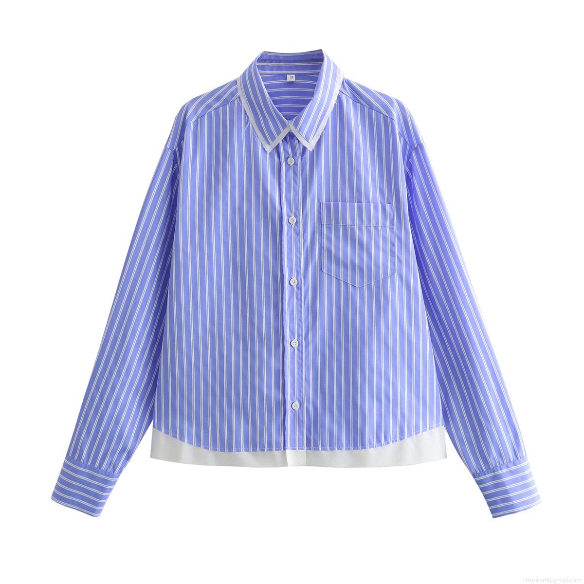 Women Casual Blue White Striped Patchwork Shirt Long Sleeve Loose Button Down Blouse Color Block Streetwear Top With Front Pocket