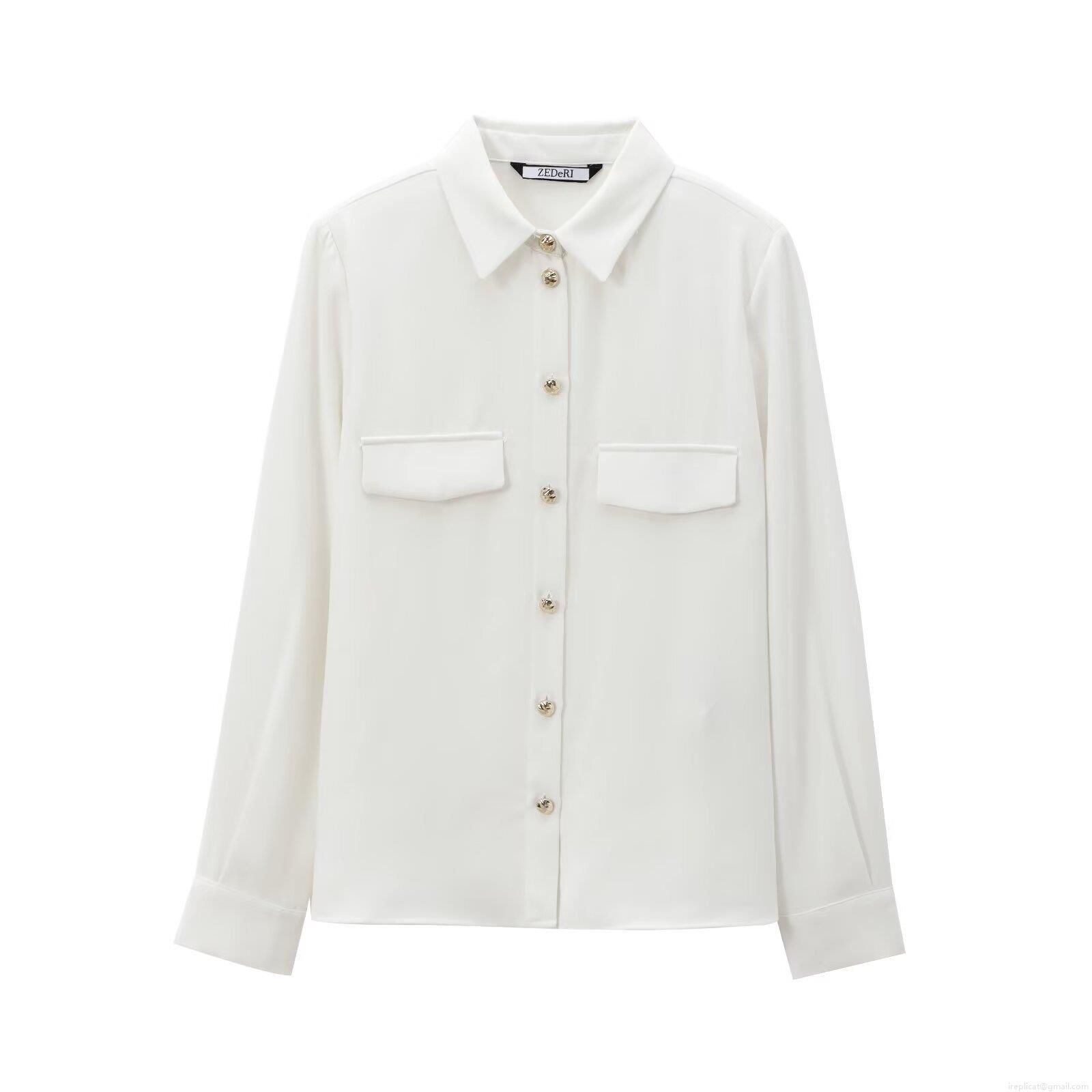 Women's Padded Shoulder Crepe Shirt Long Sleeve Single-Breasted Blouse With Golden Buttons Solid Color Fashion Streetwear Top For Casual Office Wear