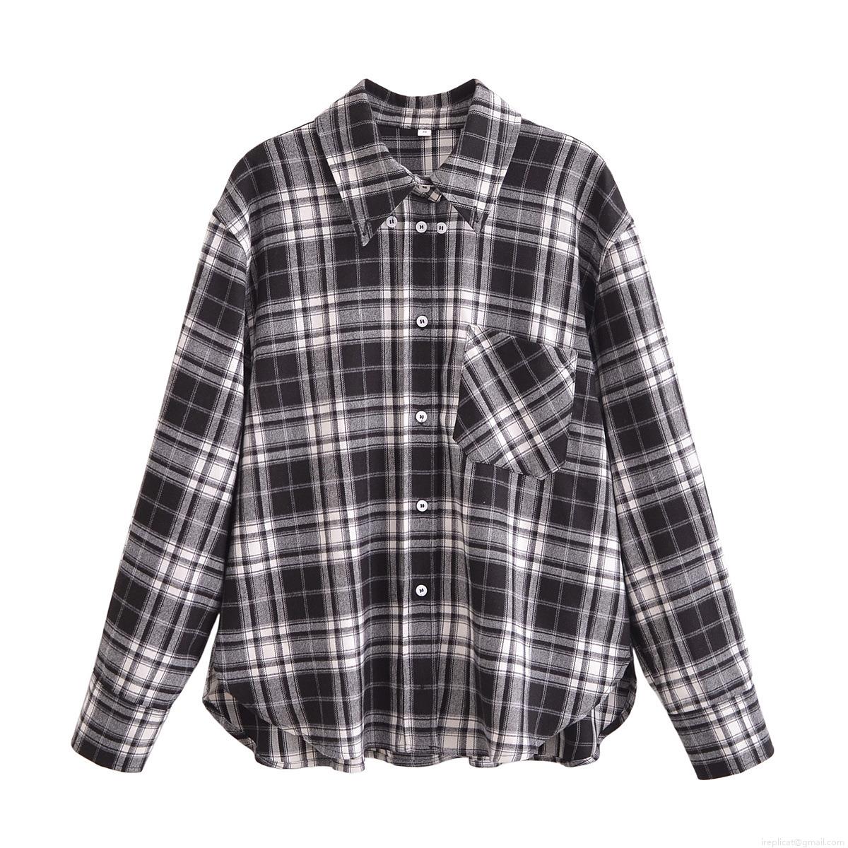 Vintage Black and White Plaid Shirt For Women 100% Polyester Long Sleeve Button Down Blouse Casual Daily Wear Top With Pocket Arc Hem Vintage Black and White Plaid Shirt For Women 100% Polyester Long Sleeve Button Down Blouse Casual Daily Wear Top With Pocket Arc Hem