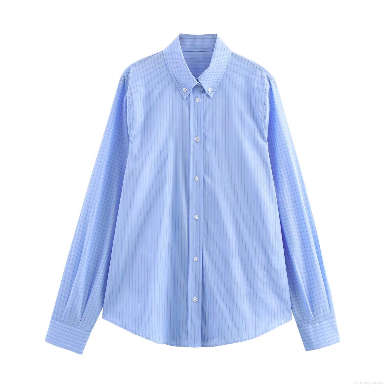 Women's Fashion Vertical Striped Long Sleeve Shirt Polyester Button Down Collar Blouse Casual Streetwear Tops Spring Clothing For Women