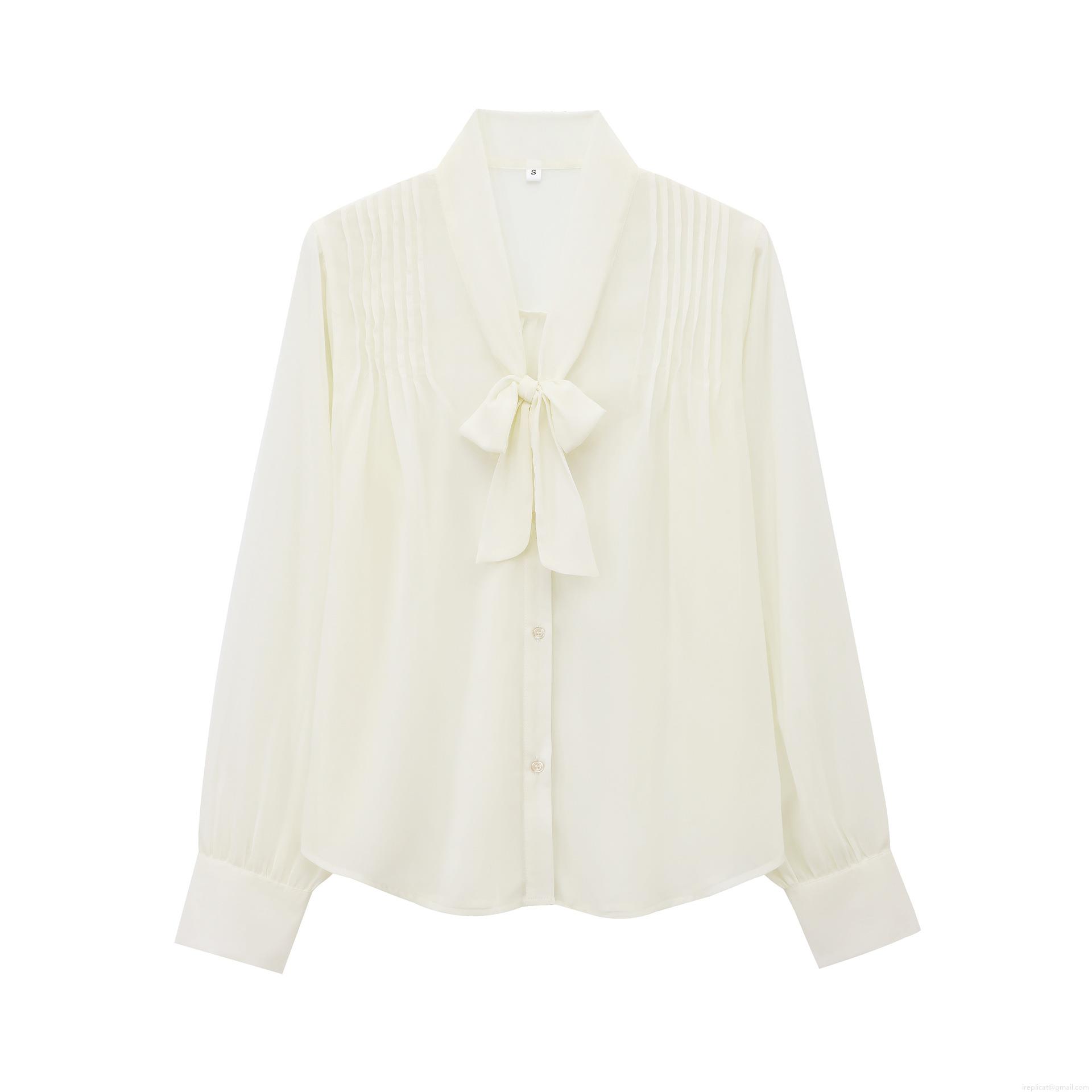 Elegant Women's 100% Polyester Chiffon Blouse V Neck Bow Tie Long Sleeve Pleated Button Down Shirt Office Casual White Streetwear Tops Elegant Women's 100% Polyester Chiffon Blouse V Neck Bow Tie Long Sleeve Pleated Button Down Shirt Office Casual White Streetwear Tops