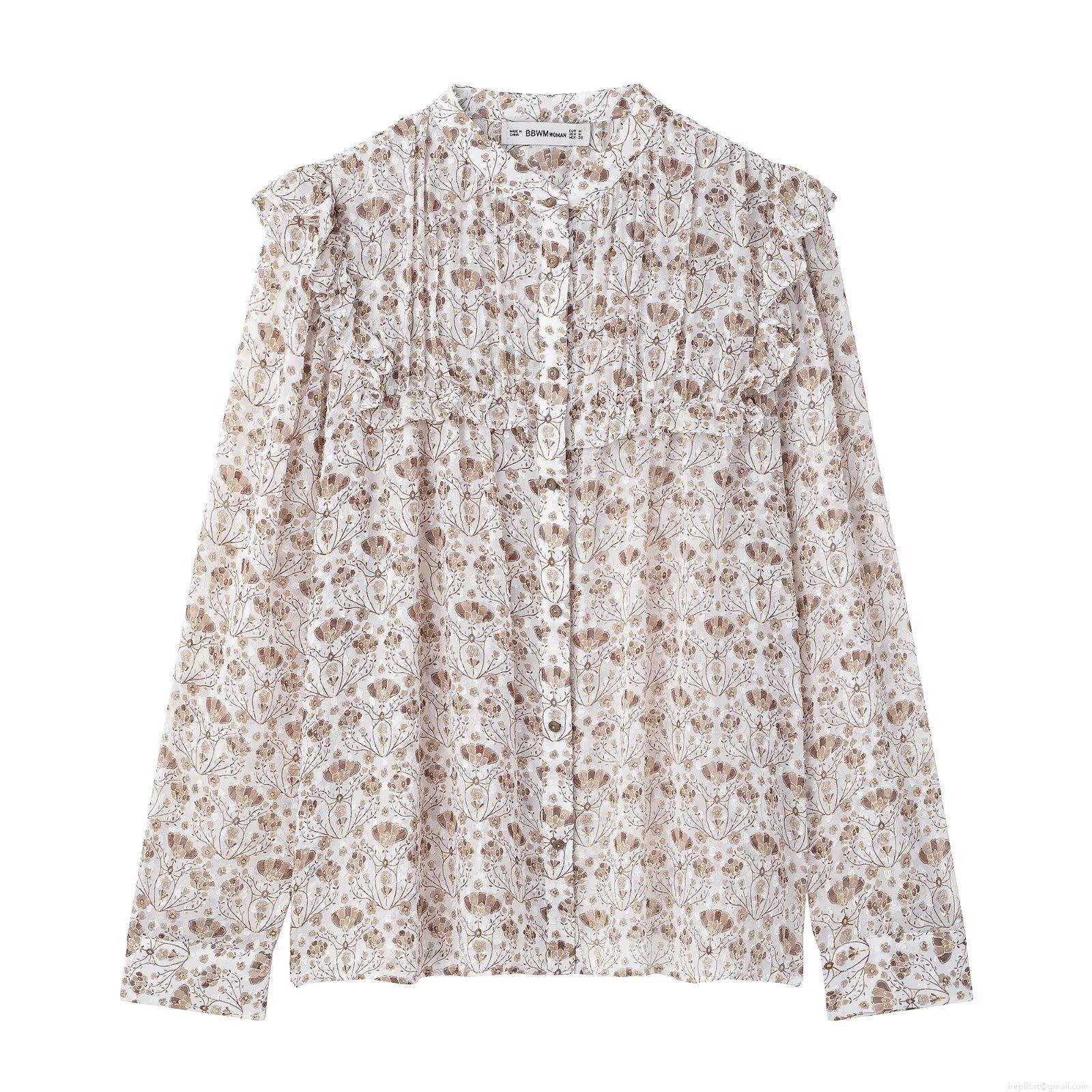 Women's Vintage V-Neck Floral Print Chiffon Blouse With Ruffles Long Sleeve Single Breasted Sheer Dobby Top For Daily Dating Vacation