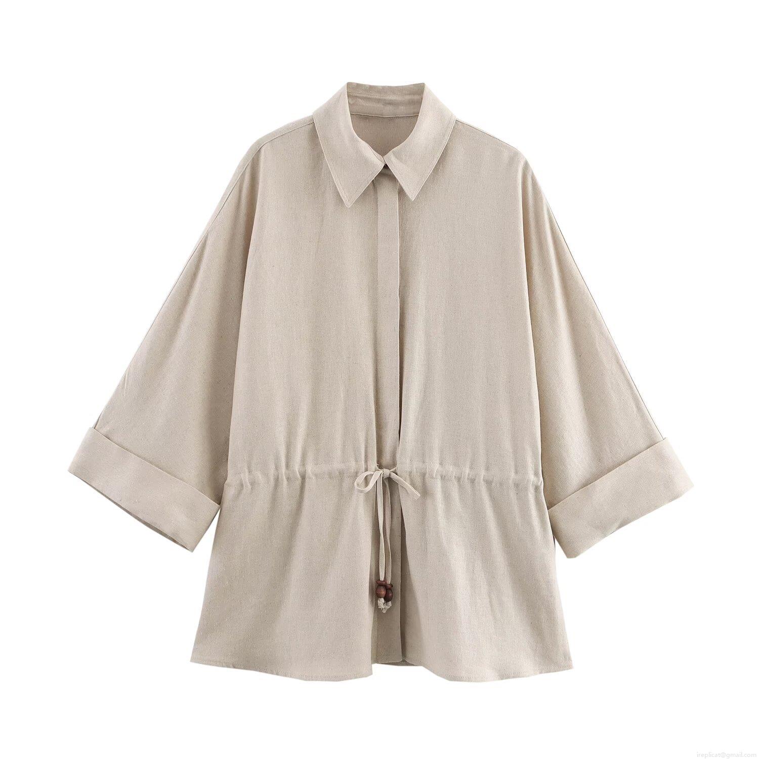 Women's Casual Linen Blend Long Sleeve Shirt Turn-down Collar Waist Drawstring Blouse With Wooden Beads Elegant Solid Color Tops For Streetwear Office Spring Fashion