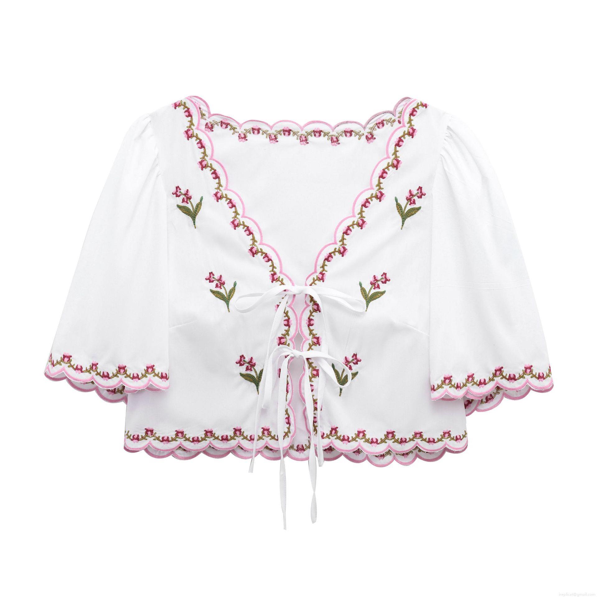 Women's V-Neck Embroidered Blouse 100% Polyester Lace-Up Cropped Top Scalloped Edges Floral Long Sleeve Shirt Bohemian Streetwear Summer Fashion Top