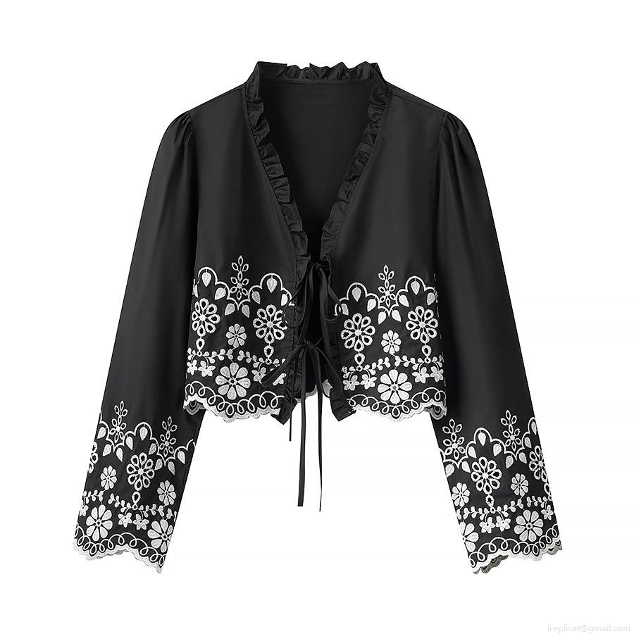 Women's Ruffle Neck Lace-up Blouse Polyester Embroidery Hollow Out Short Top Vintage Streetwear Summer Long Sleeve Shirt Black Scalloped Trim Top