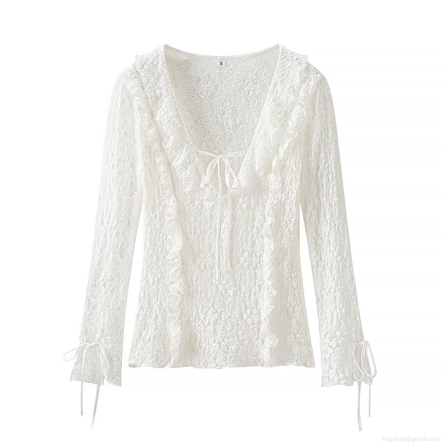 Elegant V-Neck Lace Ruffle Long Sleeve Blouse With Tie Detail White Hollow Out Flower Embroidery Shirt For Women Party Date Women's Clothing Elegant V-Neck Lace Ruffle Long Sleeve Blouse With Tie Detail White Hollow Out Flower Embroidery Shirt For Women Party Date Women's Clothing