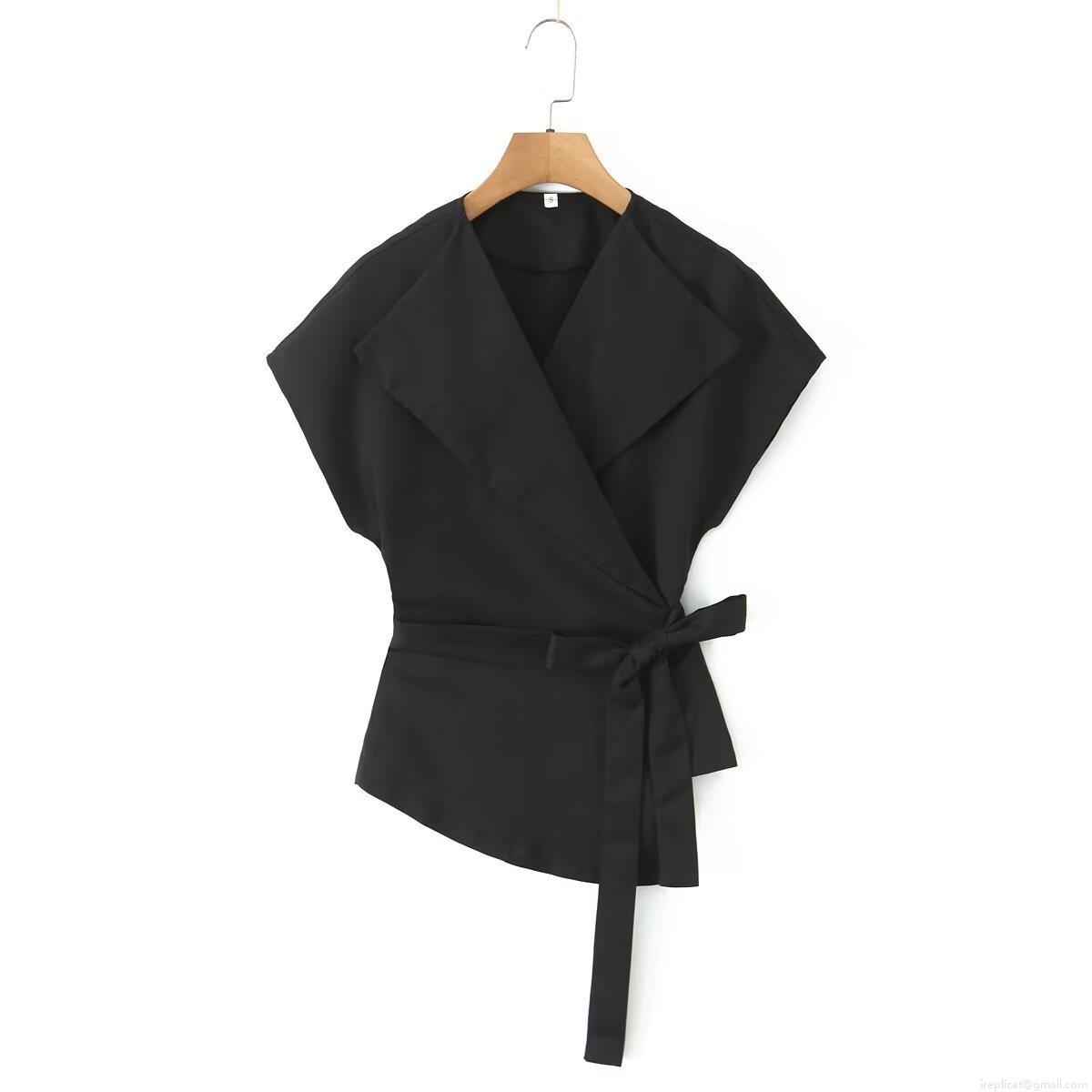 Women's Sleeveless V Neck Blouse Polyester Woven Large Lapel Wrap Tie Waist Summer Fashion Solid Color Slim Fit Streetwear Office Casual Top