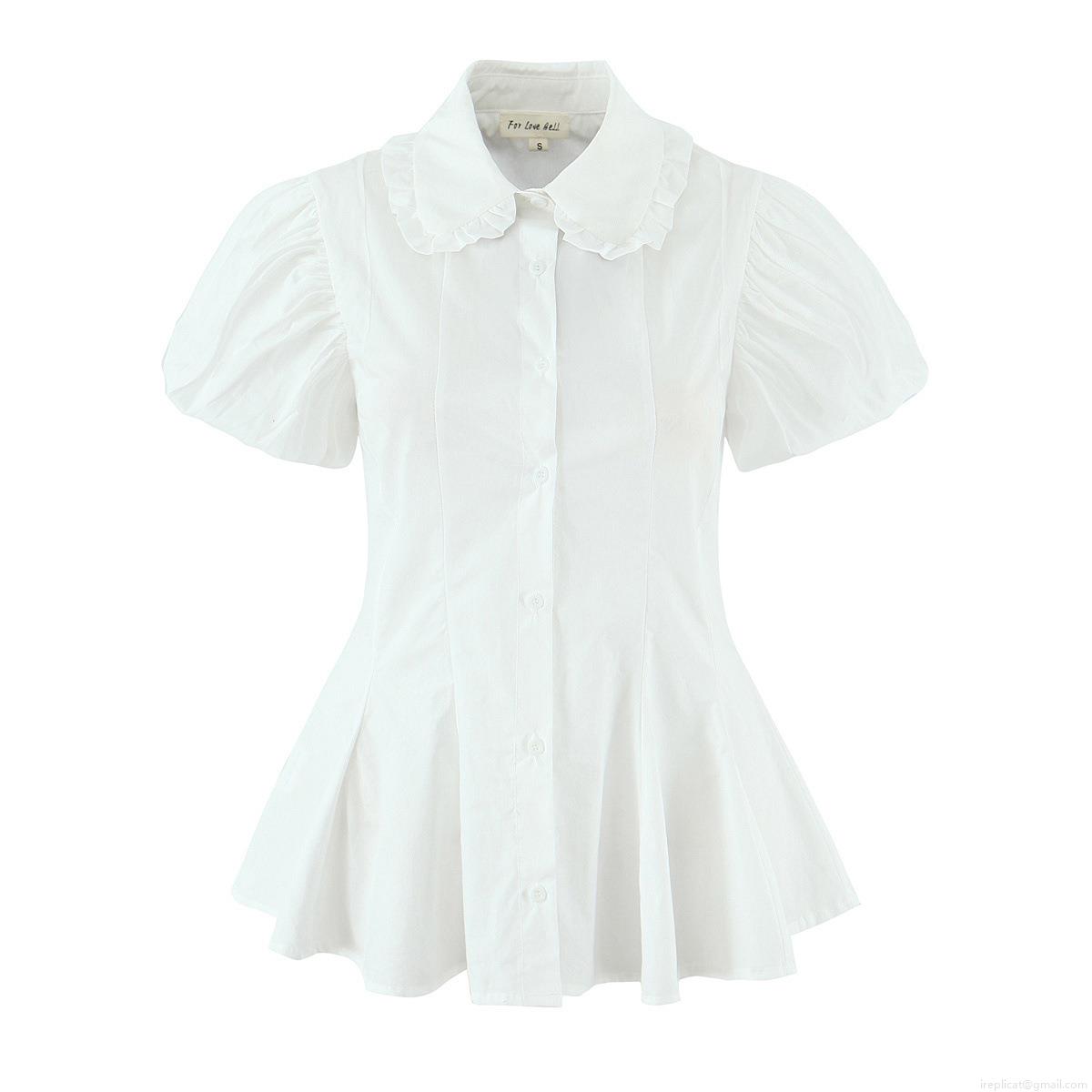 French Style Women White Cotton Blend Blouse Doll Collar Ruffle Puff Sleeve Single Breasted Peplum Shirt Casual Streetwear Tops French Style Women White Cotton Blend Blouse Doll Collar Ruffle Puff Sleeve Single Breasted Peplum Shirt Casual Streetwear Tops