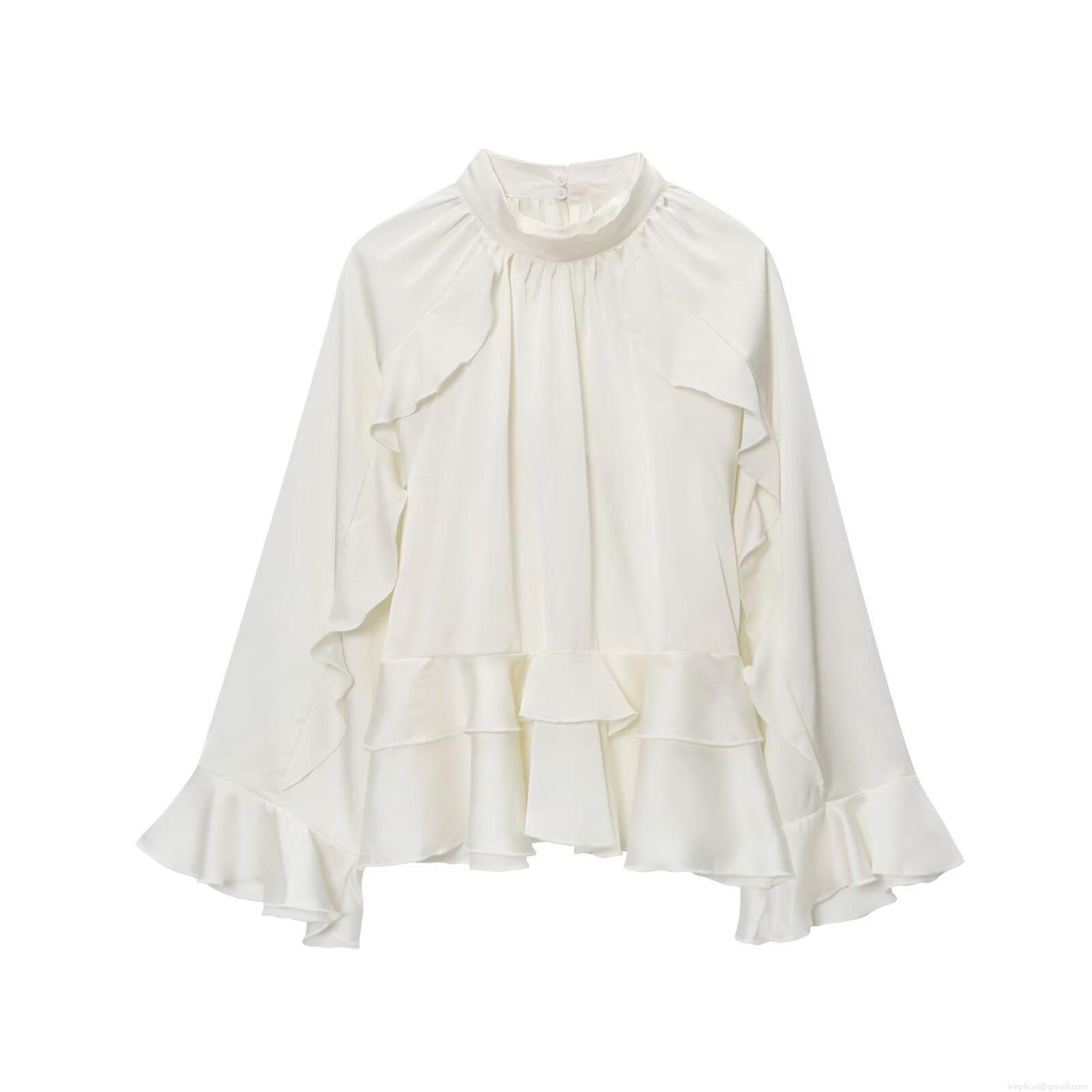 Women's Stand Collar Ruffle Trim Long Flare Sleeve Satin Blouse Elegant Solid Color Office Work Shirt Streetwear Pullover Top