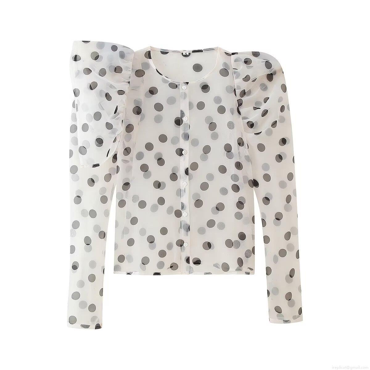 Women Summer Polka Dot Organza Blouse Sheer Lantern Long Sleeve Button Down Shirt Polyester Mesh Top Elegant Casual Streetwear For Women