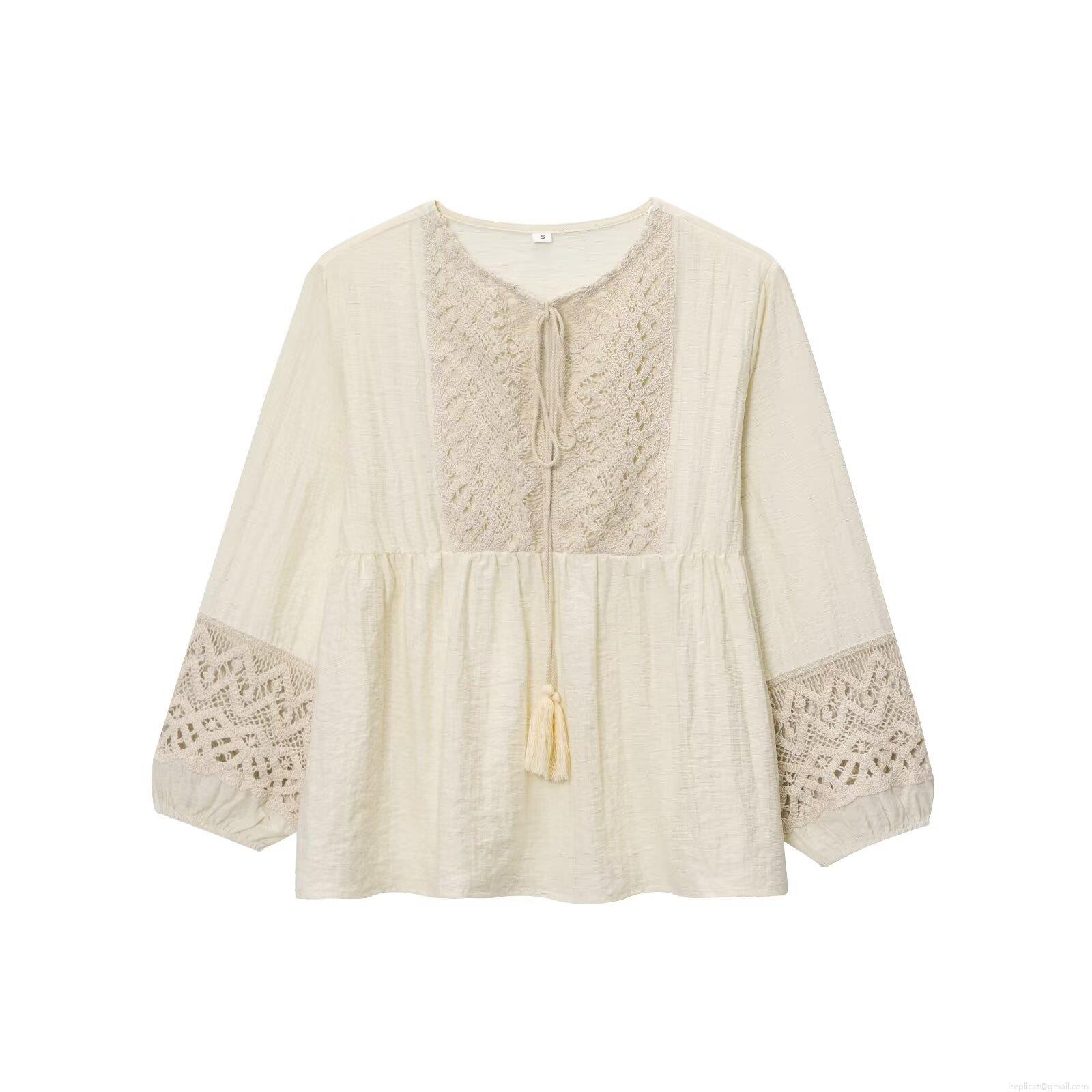 Bohemian Women's Blouse Round Neck Long Sleeve Crochet Lace Hollow Out Top Cotton Linen Blend Tassel Tie Shirt Casual Boho Style Summer Apparel Bohemian Women's Blouse Round Neck Long Sleeve Crochet Lace Hollow Out Top Cotton Linen Blend Tassel Tie Shirt Casual Boho Style Summer Apparel