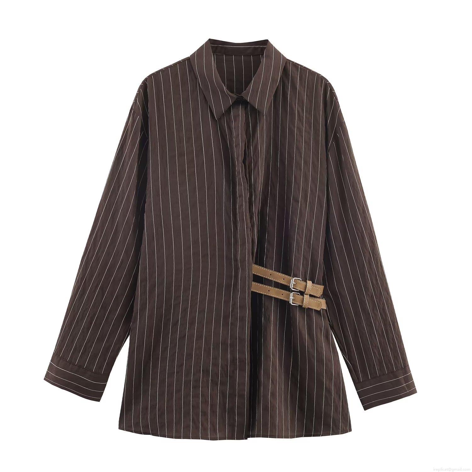 Women Striped Long Sleeve Shirt Fashion Casual Lapel Neck Loose Blouse With Double Buckle Belt Decor Coffee Brown Polyester Poplin Top For Women Winter