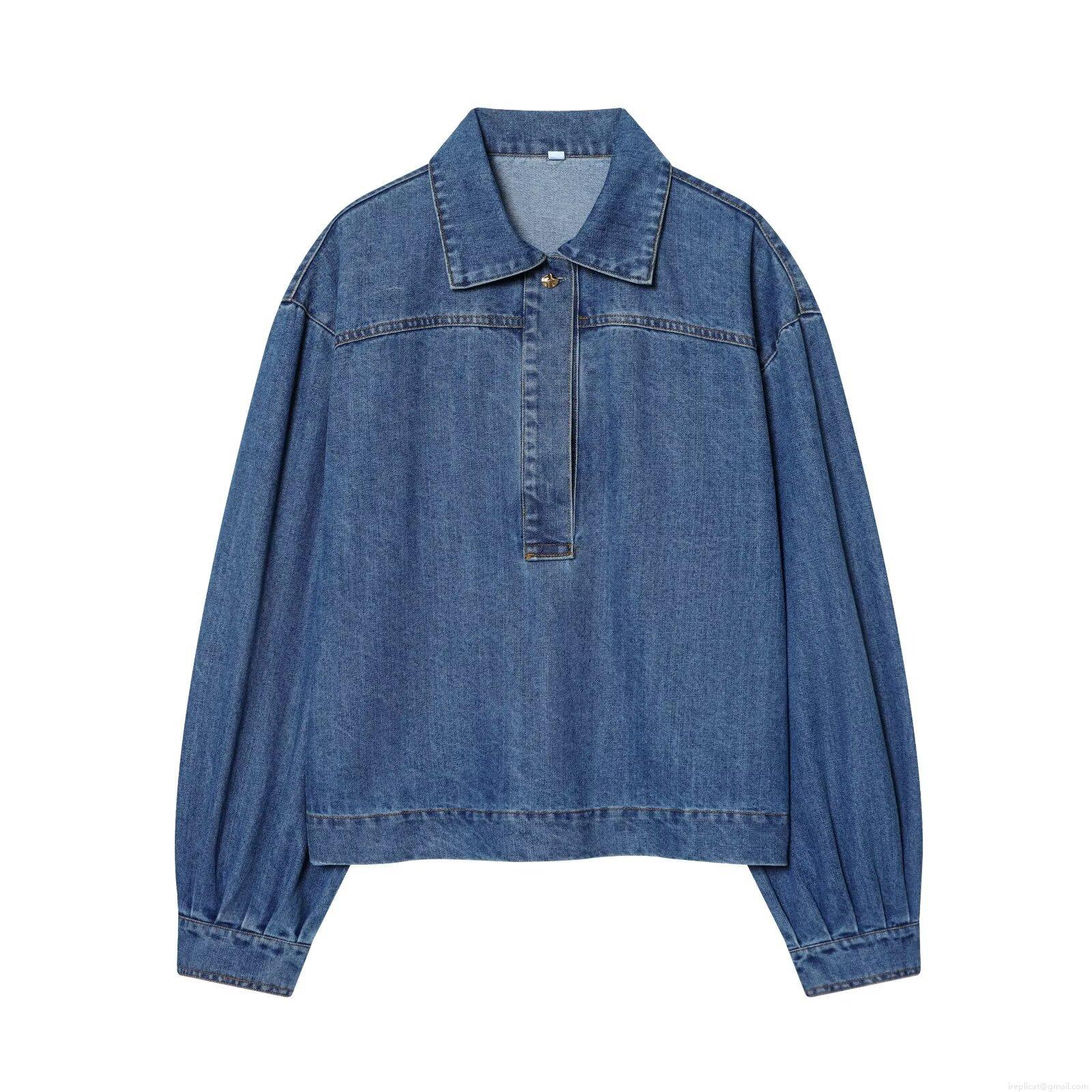 Women's Loose Denim Blouse Casual Long Sleeve Pullover Shirt With Half Placket Polo Collar Solid Blue Denim Top For Daily Wear