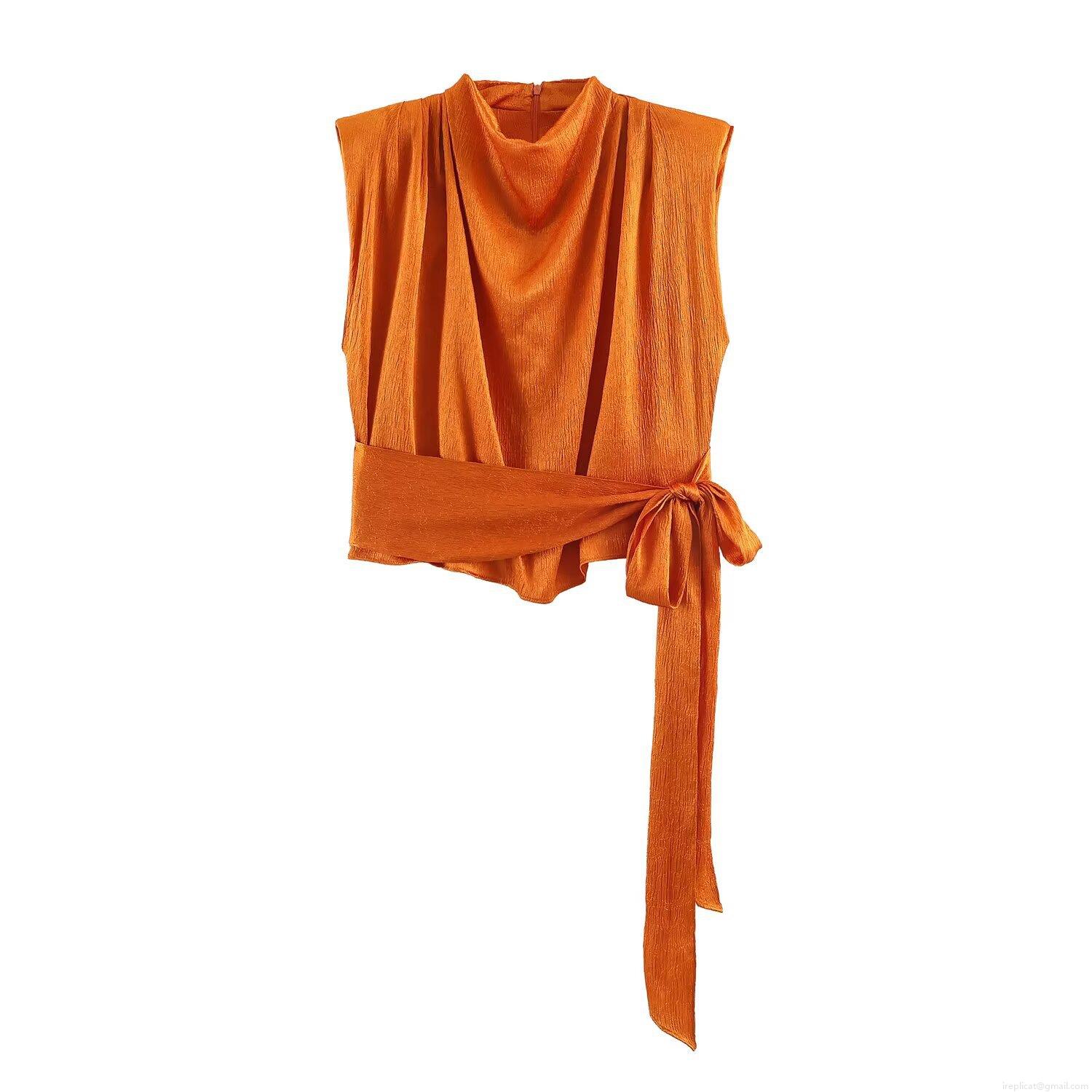 Orange Sleeveless High Neck Pleated Texture Blouse With Side Bow Tie Elegant Silk Satin Like Polyester Top For Women Office Daily Wear Party Apparel Orange Sleeveless High Neck Pleated Texture Blouse With Side Bow Tie Elegant Silk Satin Like Polyester Top For Women Office Daily Wear Party Apparel