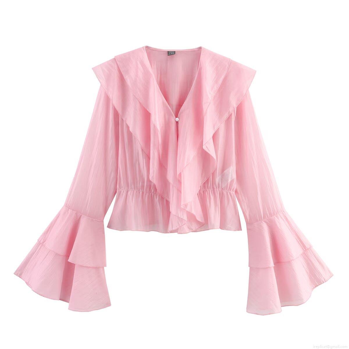 Elegant Women Pink Polyester Ruffle Blouse With V-Neck And Layered Bell Sleeves Chic Sweet Solid Color Cinched Waist Long Sleeve Top For Party Daily Fashion Elegant Women Pink Polyester Ruffle Blouse With V-Neck And Layered Bell Sleeves Chic Sweet Solid Color Cinched Waist Long Sleeve Top For Party Daily Fashion