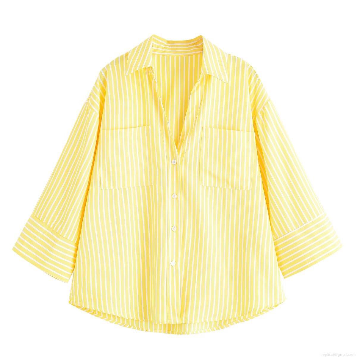 Women's Casual Yellow Vertical Striped Blouse Loose Fit Button Down Long Sleeve Shirt With Patch Pockets For Spring Autumn