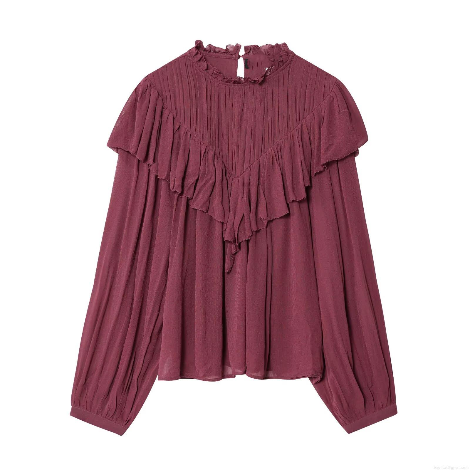 Elegant Burgundy Women Chiffon Blouse Ruffle Trim Pleated Stand Collar Long Sleeve Shirt For Office Commute Casual Autumn Fashion Elegant Burgundy Women Chiffon Blouse Ruffle Trim Pleated Stand Collar Long Sleeve Shirt For Office Commute Casual Autumn Fashion