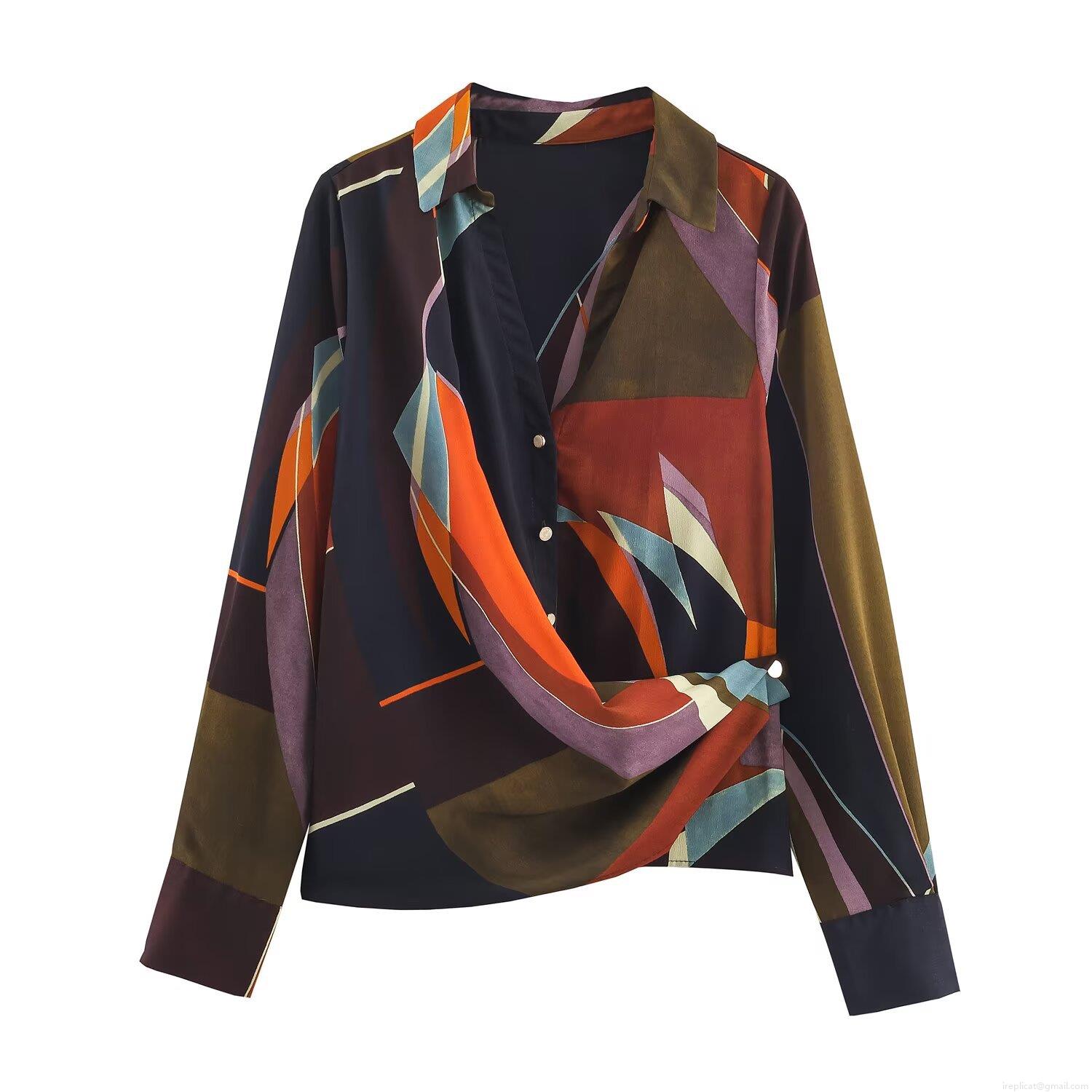 Women's Vintage Geometric Print Long Sleeve Blouse Casual Loose V-Neck Polyester Shirt With Metal Buttons For Daily Autumn Fashion Women's Vintage Geometric Print Long Sleeve Blouse Casual Loose V-Neck Polyester Shirt With Metal Buttons For Daily Autumn Fashion