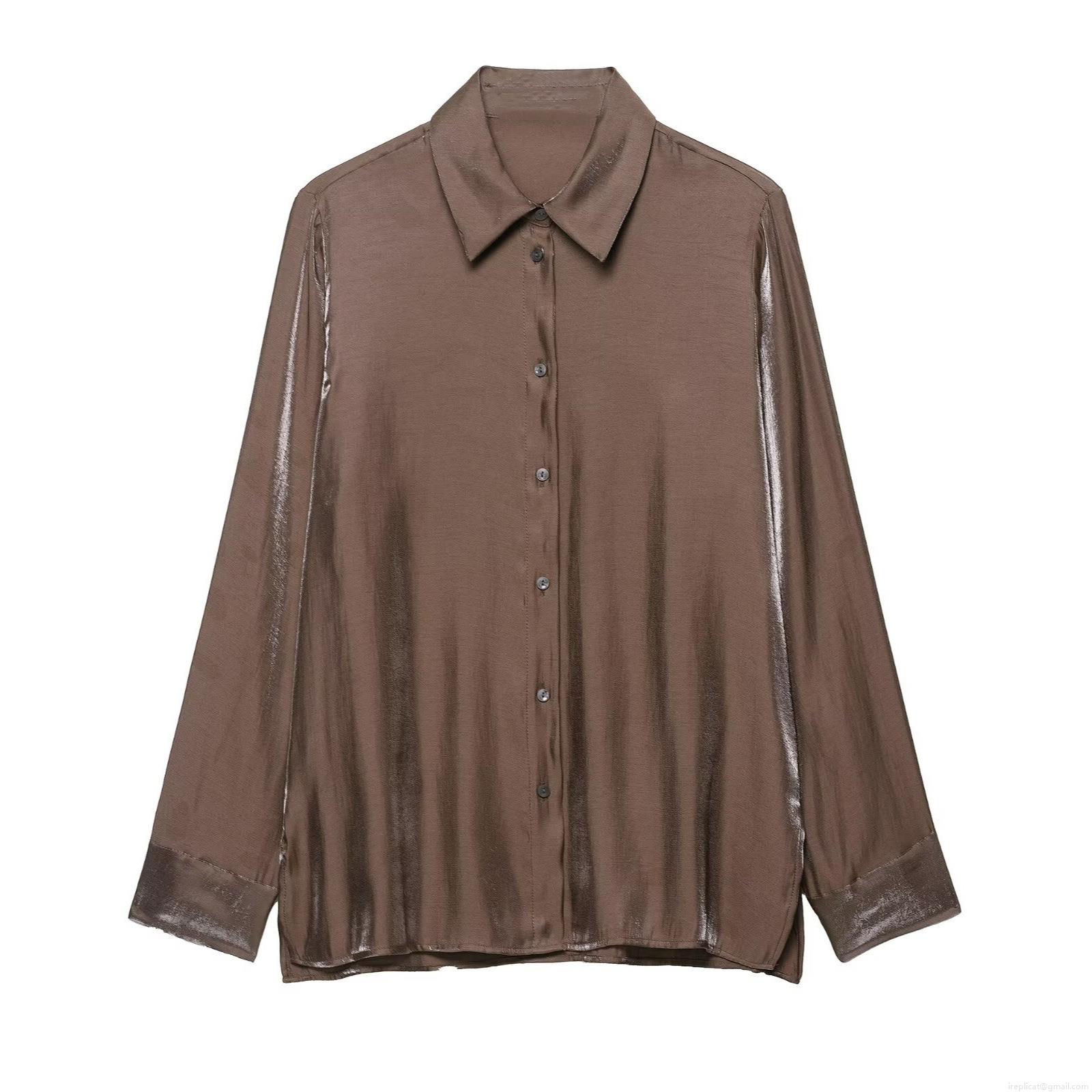 Women's Long Sleeve Satin Shirt Silk Texture Lapel Collar Loose Casual Blouse Solid Dark Brown Office Commuting Fashion Top Polyester Spandex Blend Women's Long Sleeve Satin Shirt Silk Texture Lapel Collar Loose Casual Blouse Solid Dark Brown Office Commuting Fashion Top Polyester Spandex Blend
