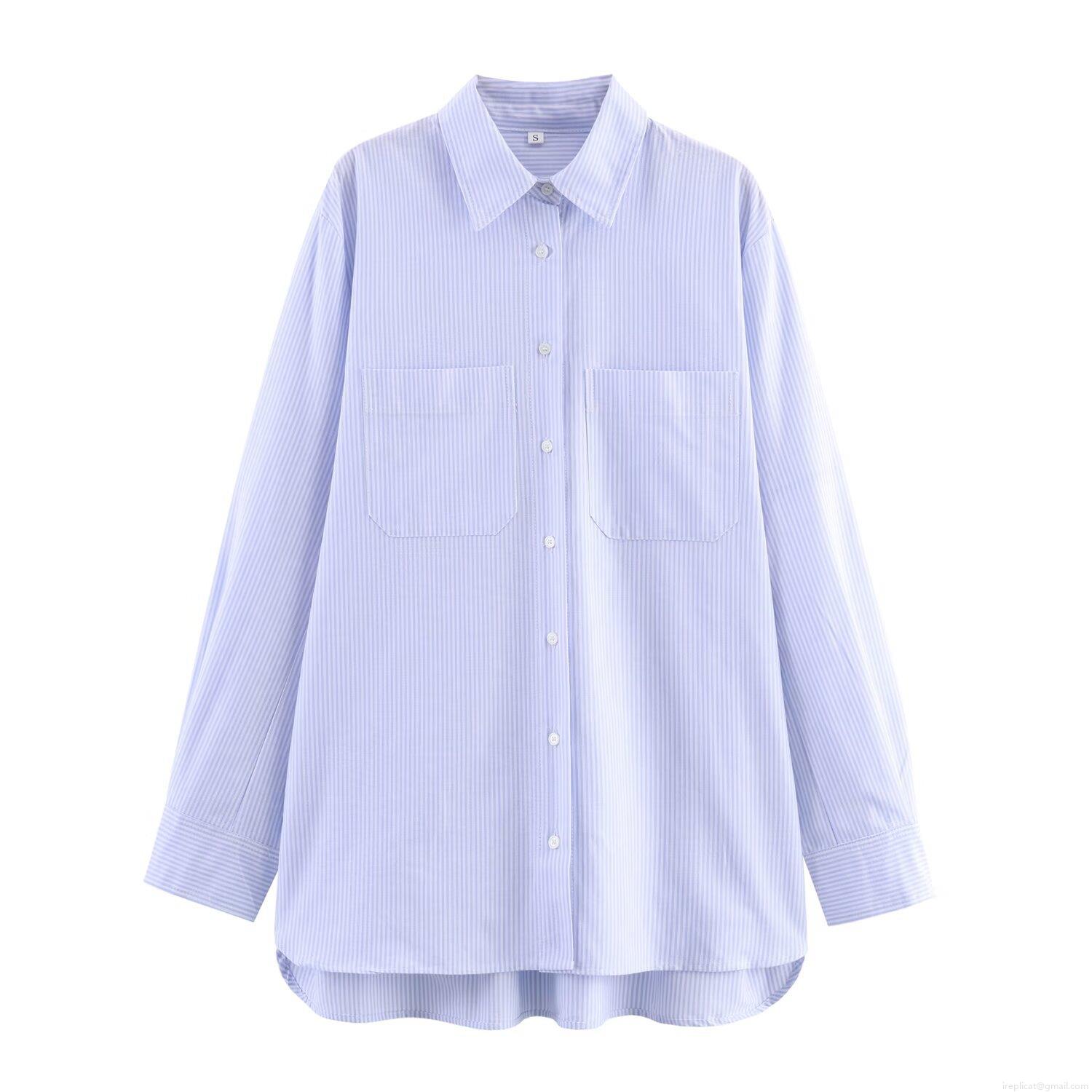 Women Casual Striped Long Sleeve Shirt With Pockets Loose Button Down Blouse Polyester Cotton Blend Autumn Top Office Lady Apparel Women Casual Striped Long Sleeve Shirt With Pockets Loose Button Down Blouse Polyester Cotton Blend Autumn Top Office Lady Apparel