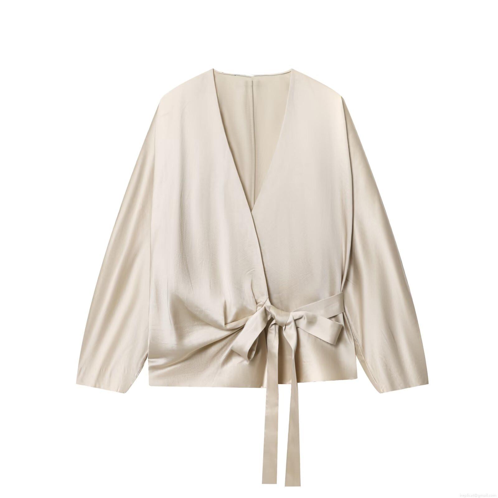 Women Elegant Satin V-Neck Blouse Long Sleeve Wrap Top With Bow Tie Waist Solid Color Polyester Spandex Casual Shirt For Office Lady Women Elegant Satin V-Neck Blouse Long Sleeve Wrap Top With Bow Tie Waist Solid Color Polyester Spandex Casual Shirt For Office Lady