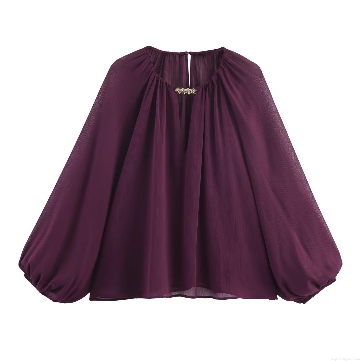Women's Elegant Pleated Chiffon Blouse Loose Lantern Sleeve V-Neck Shirt With Gold Metal Decoration Solid Color Casual Pullover Top For Women