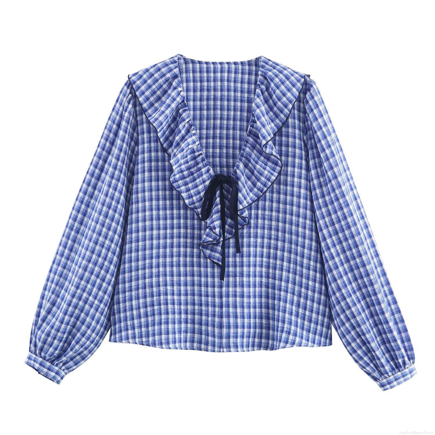 Women Blue And White Plaid Linen Shirt Ruffle V-Neck Contrast Bow Tie Sweet Long Sleeve Pullover Blouse For Daily Dating Casual Wear Autumn Fashion Women Blue And White Plaid Linen Shirt Ruffle V-Neck Contrast Bow Tie Sweet Long Sleeve Pullover Blouse For Daily Dating Casual Wear Autumn Fashion