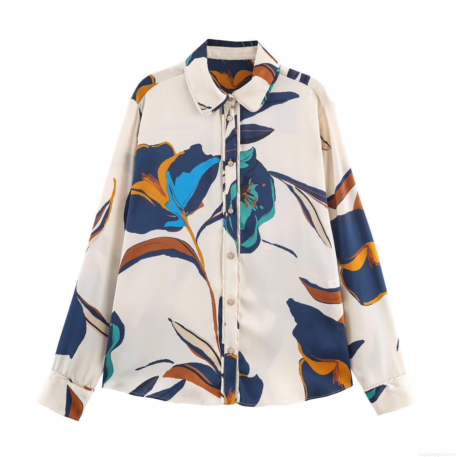 Elegant Floral Print Women's Satin Blouse Long Sleeve Turn-Down Collar Button Up Shirt Casual Comfortable Top For Autumn Daily Wear Elegant Floral Print Women's Satin Blouse Long Sleeve Turn-Down Collar Button Up Shirt Casual Comfortable Top For Autumn Daily Wear