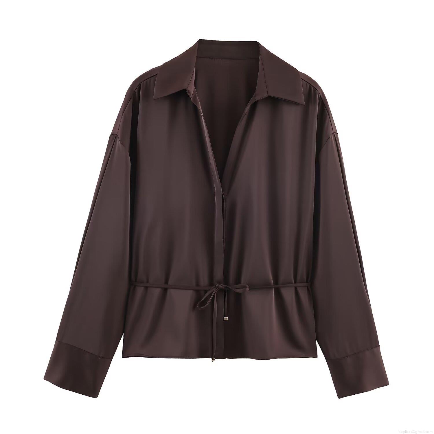 Elegant Satin Finish Polyester Long Sleeve Blouse For Women Solid Coffee Color V-Neck Shirt With Adjustable Waist Tie Belt Office Work Tops Elegant Satin Finish Polyester Long Sleeve Blouse For Women Solid Coffee Color V-Neck Shirt With Adjustable Waist Tie Belt Office Work Tops