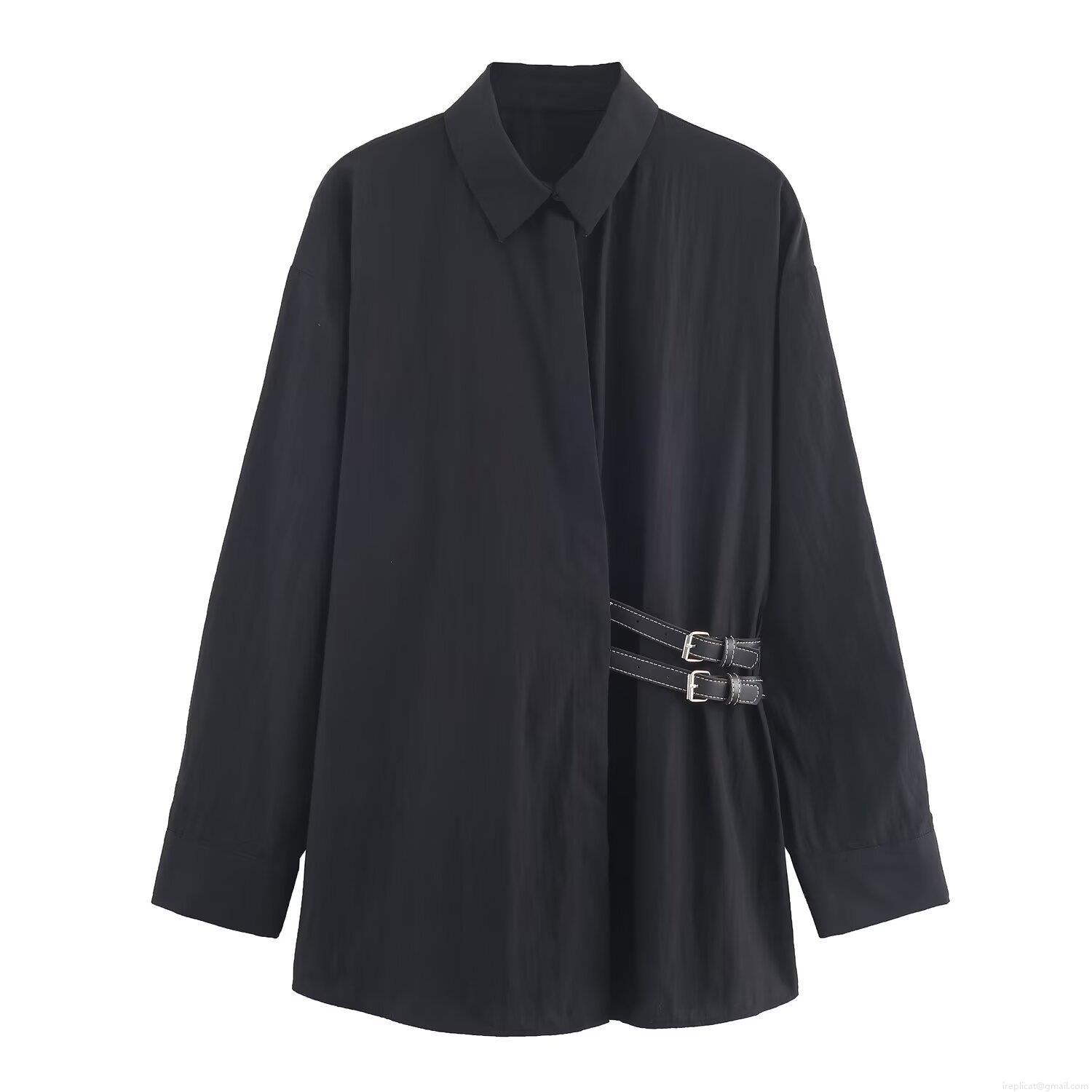 Women Autumn Minimalist Long Sleeve Poplin Shirt With Side Metal Buckle Belt Decor Loose Casual Polo Collar Blouse Tops