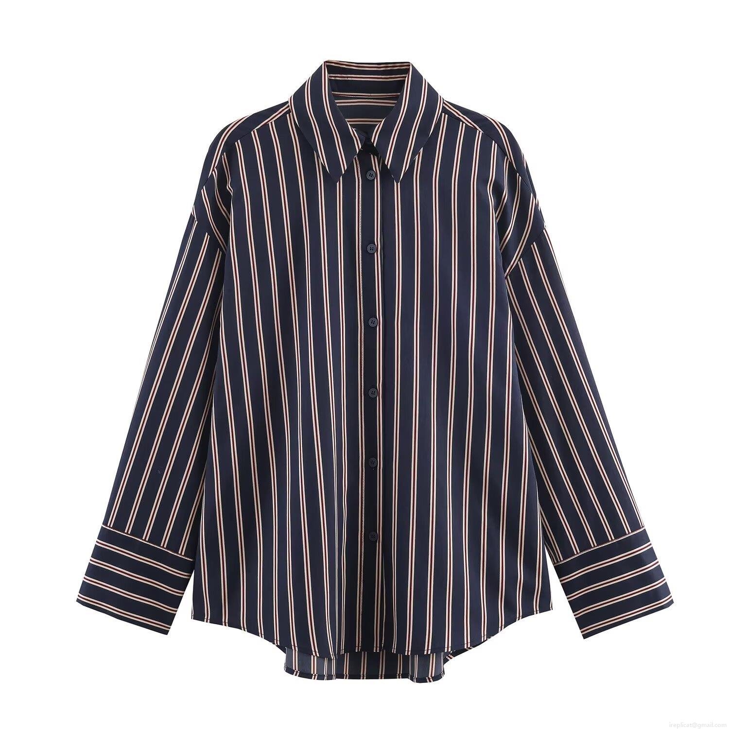 Women's Casual Vertical Striped Long Sleeve Shirt Polyester Spandex Blend Turn-down Collar Single Breasted Loose Fit Blouse For Office Daily Wear