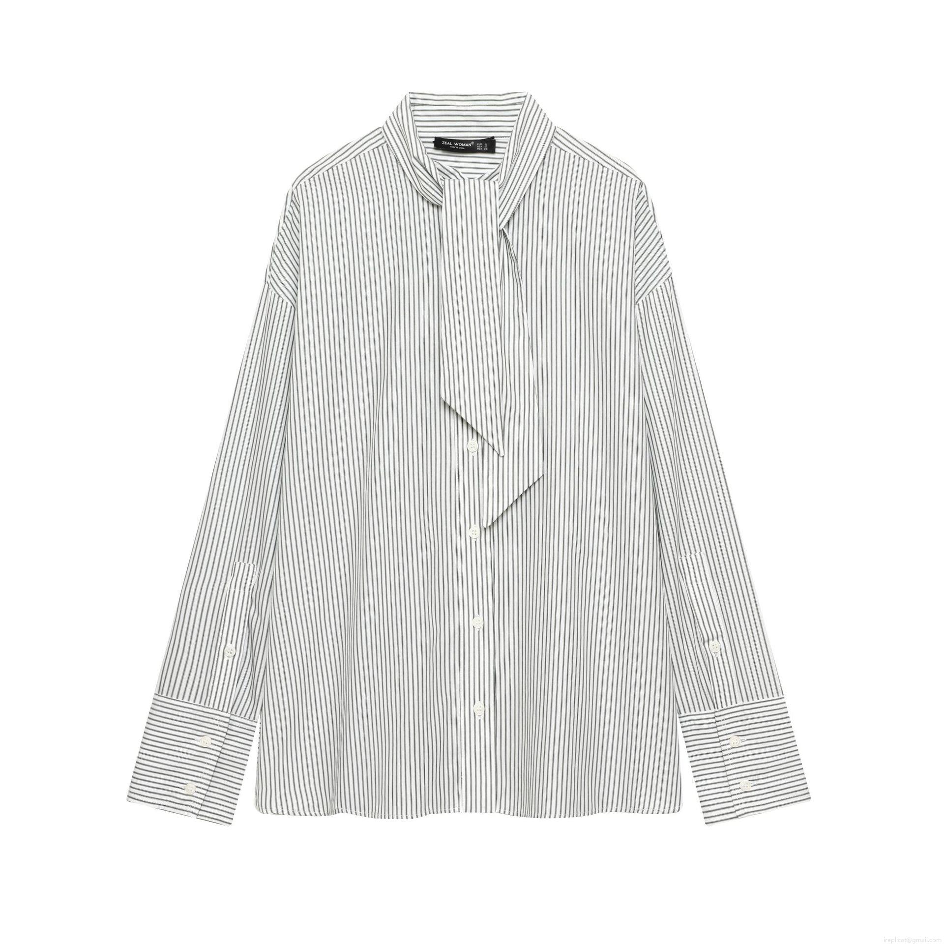 Women's Elegant Black And White Striped Long Sleeve Shirt With Bow Tie Neck Button Down Poplin Blouse Tops For Office Date Ladies Casual Fashion