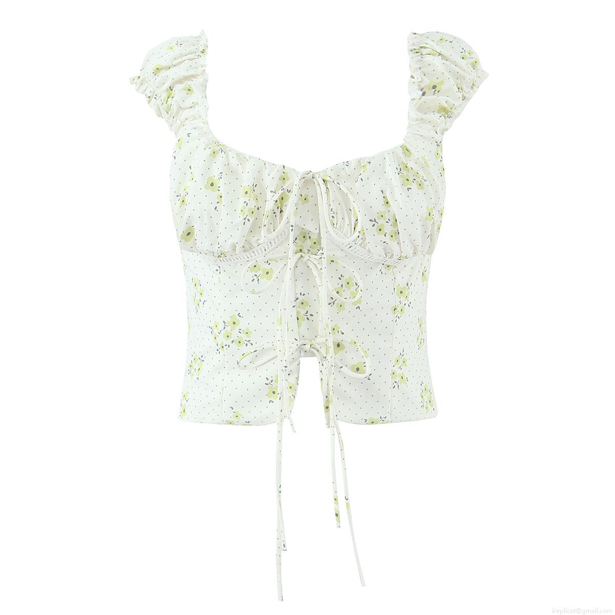 French Vintage Floral Cropped Top Women Off Shoulder Puff Sleeve Lace Up Blouse Summer Cottagecore Slim Fit Square Neck Short Sleeve Top For Vacation Daily Wear French Vintage Floral Cropped Top Women Off Shoulder Puff Sleeve Lace Up Blouse Summer Cottagecore Slim Fit Square Neck Short Sleeve Top For Vacation Daily Wear