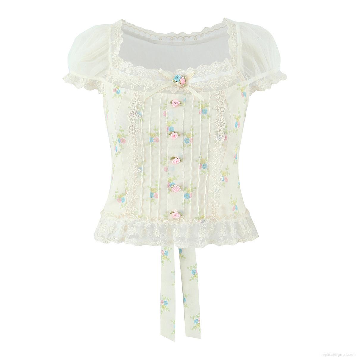 French Pastoral Floral Lace Chiffon Blouse For Women Square Neck Puff Sleeve Retro Sweet Crop Top Summer Casual Elegant Mesh Stitching Shirt French Pastoral Floral Lace Chiffon Blouse For Women Square Neck Puff Sleeve Retro Sweet Crop Top Summer Casual Elegant Mesh Stitching Shirt
